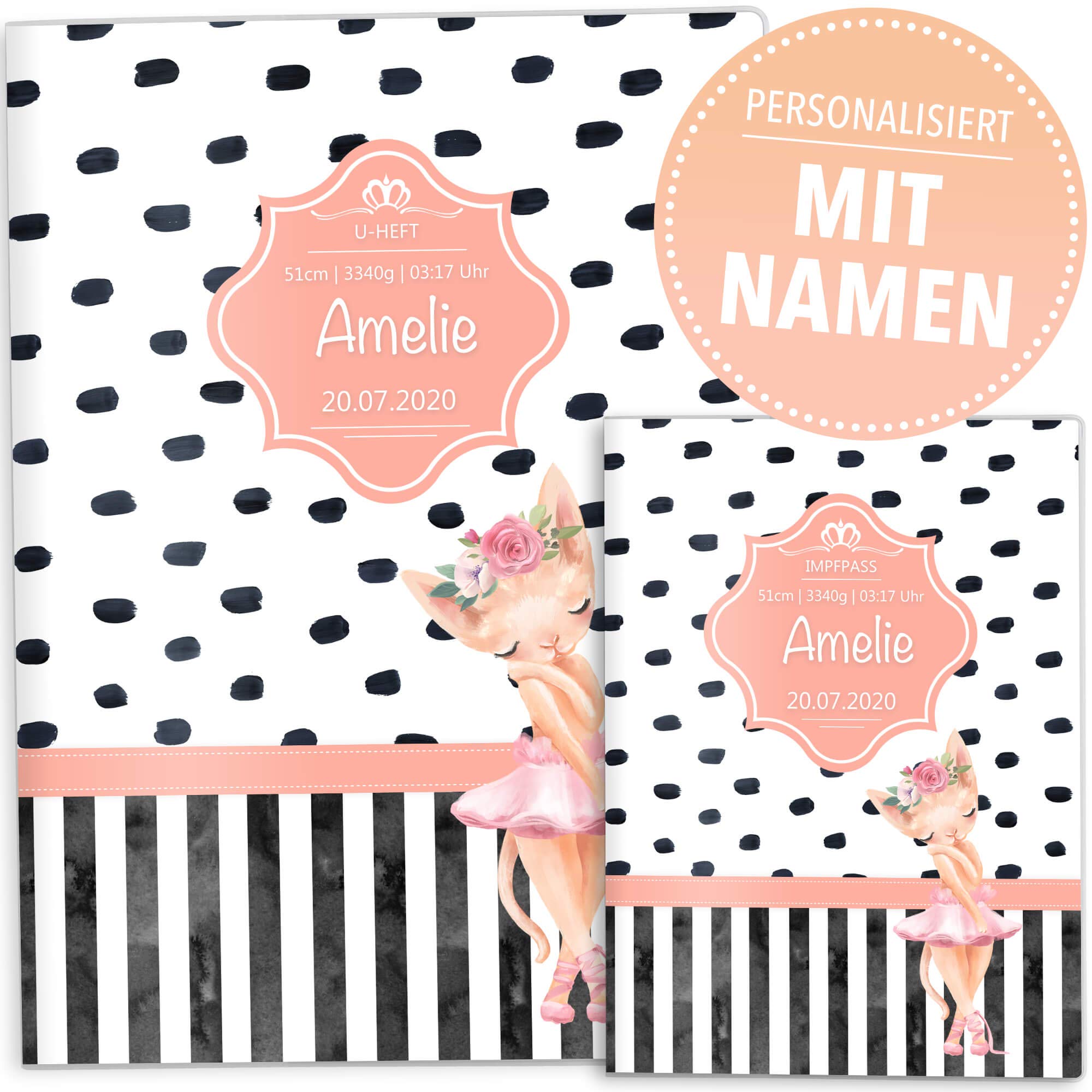 OLGS U-Heft- und Impfpasshüllen Set Creative Royal | Untersuchungsheft Hülle & Impfpasshülle personalisierbar mit Namen und Geburtsdatum (U-Heft Set personalisiert, Katze Ballerina)