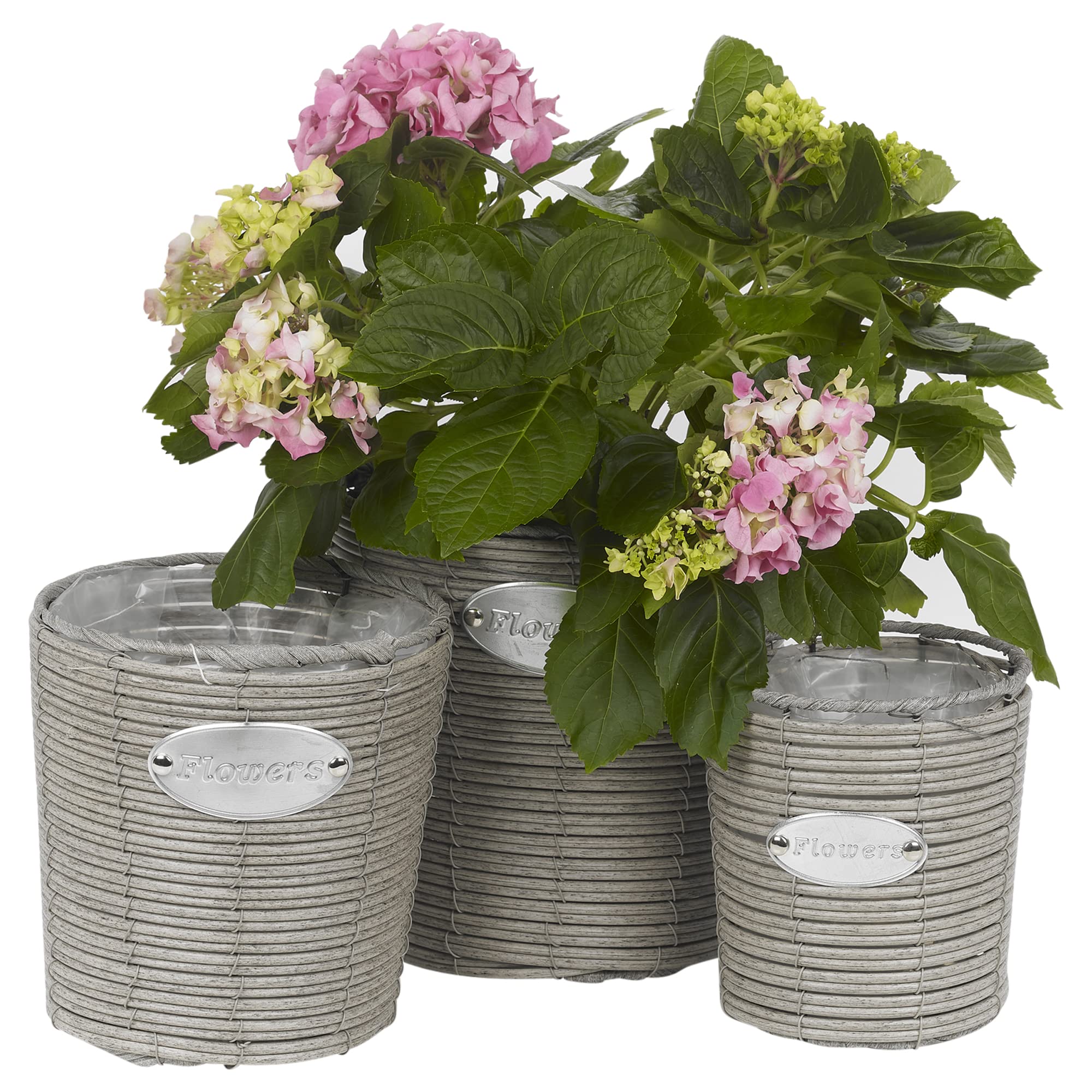 URBN GARDEN 3 Pcs Light Grey Round Outdoor Short Tall Rattan Design Flower Plant Pot Planter Basket (Tall)