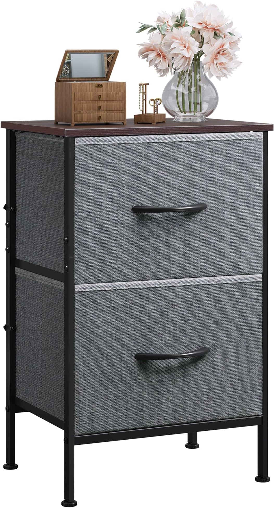 Night Stand, Small Dresser with 2 Drawers & Wooden Top, Nightstand with Fabric Bins, Bedside Table End Table for Bedroom, Closet, Entryway, College Dorm, Charcoal Black