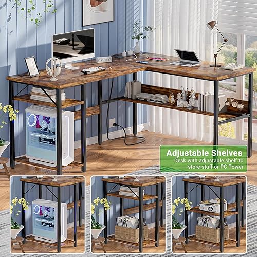 Miniatura 7 de Unikito Escritorio reversible en forma de L con tomas de corriente mágicas y puertos de carga USB, escritorio de esquina resistente con estantes de