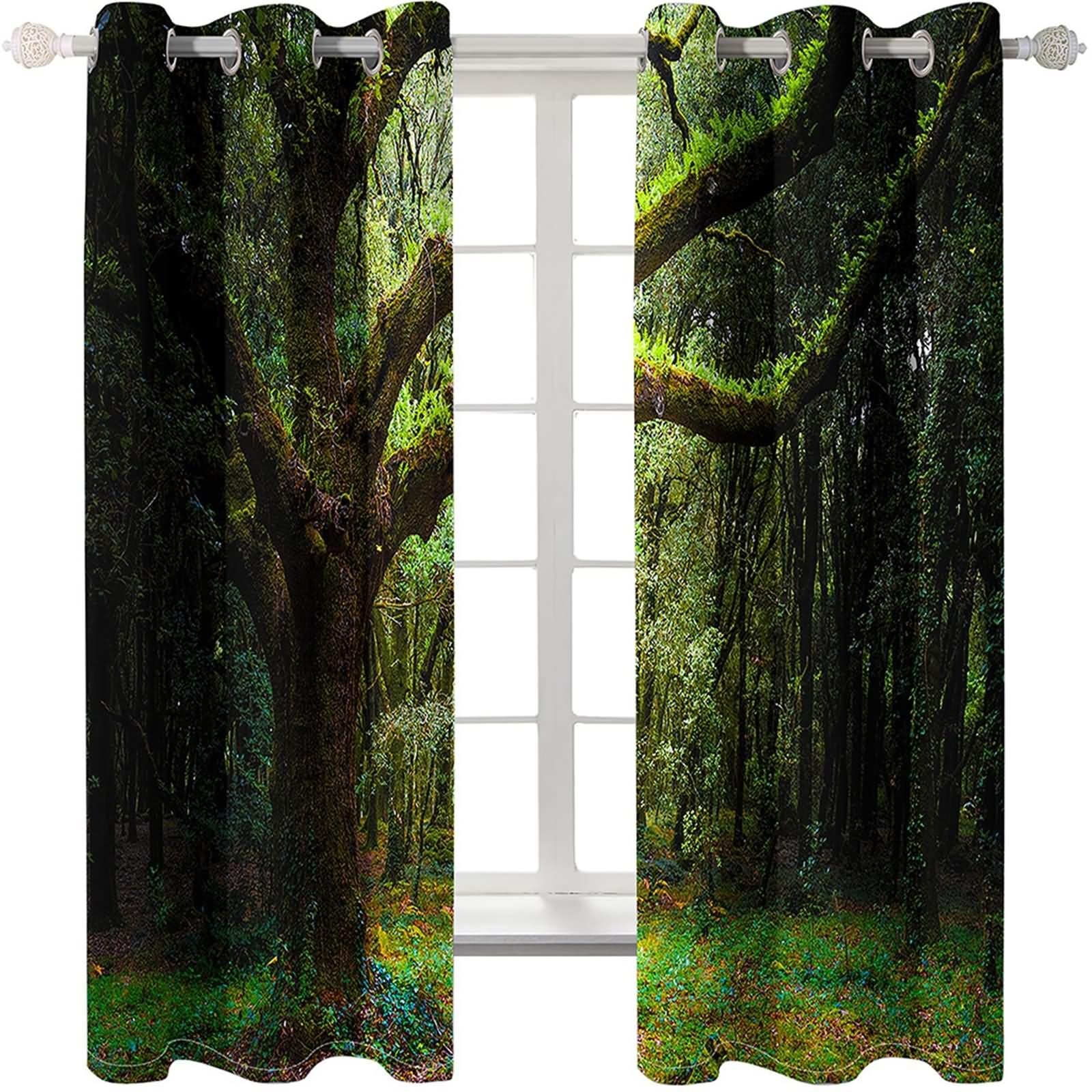 Rideau Opaque de Voyage, Rideau Salle de Bain Fenetre Vert Foncé Arbres Psychédéliques Polyester 2 Panneaux 274x214cm