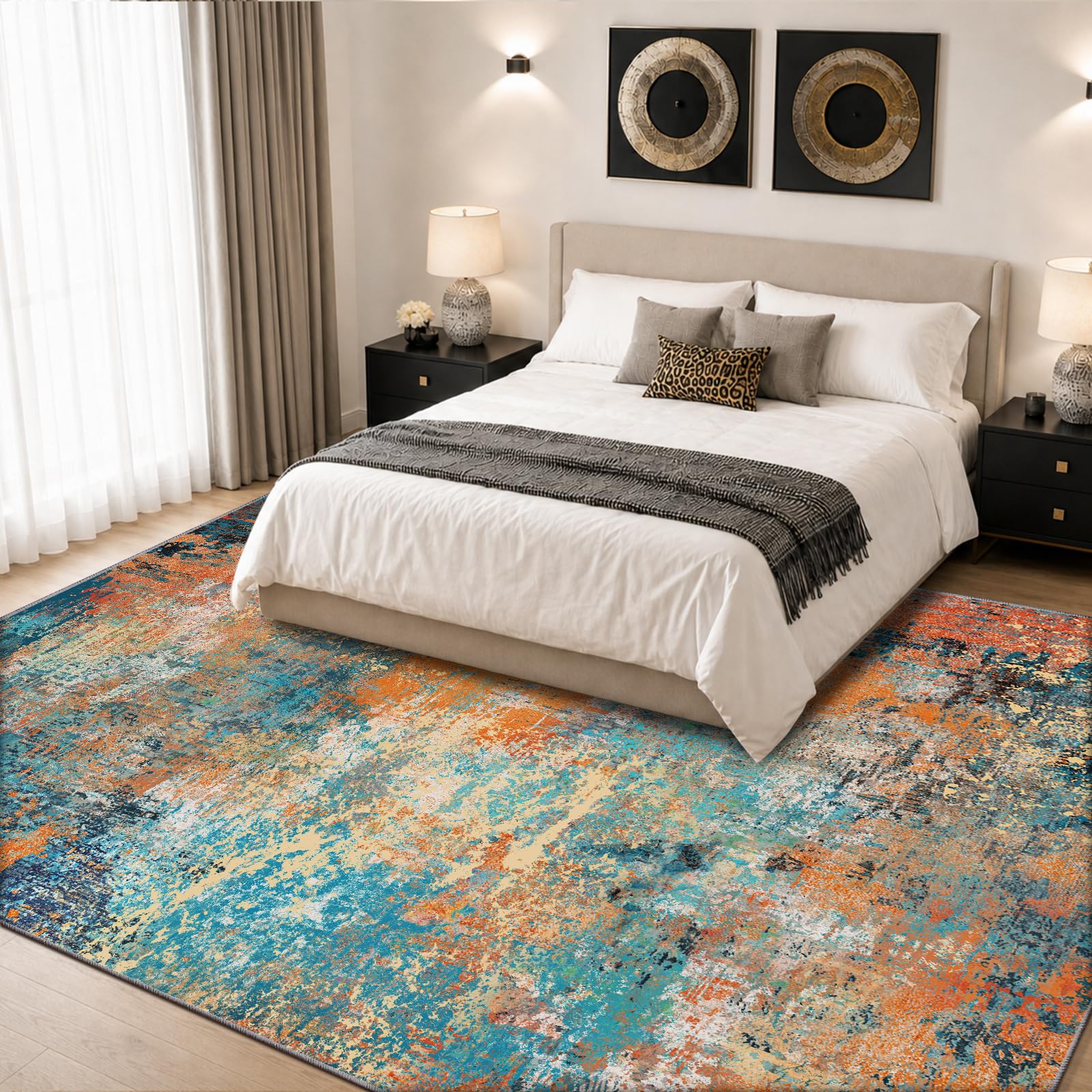 Modern Blau gelb Teppich groß 200x300 - abstrakt Kurzflor Teppich -Weich rutschfest Waschbarer für Wohnzimmer Schlafzimmer Esszimmer Büro