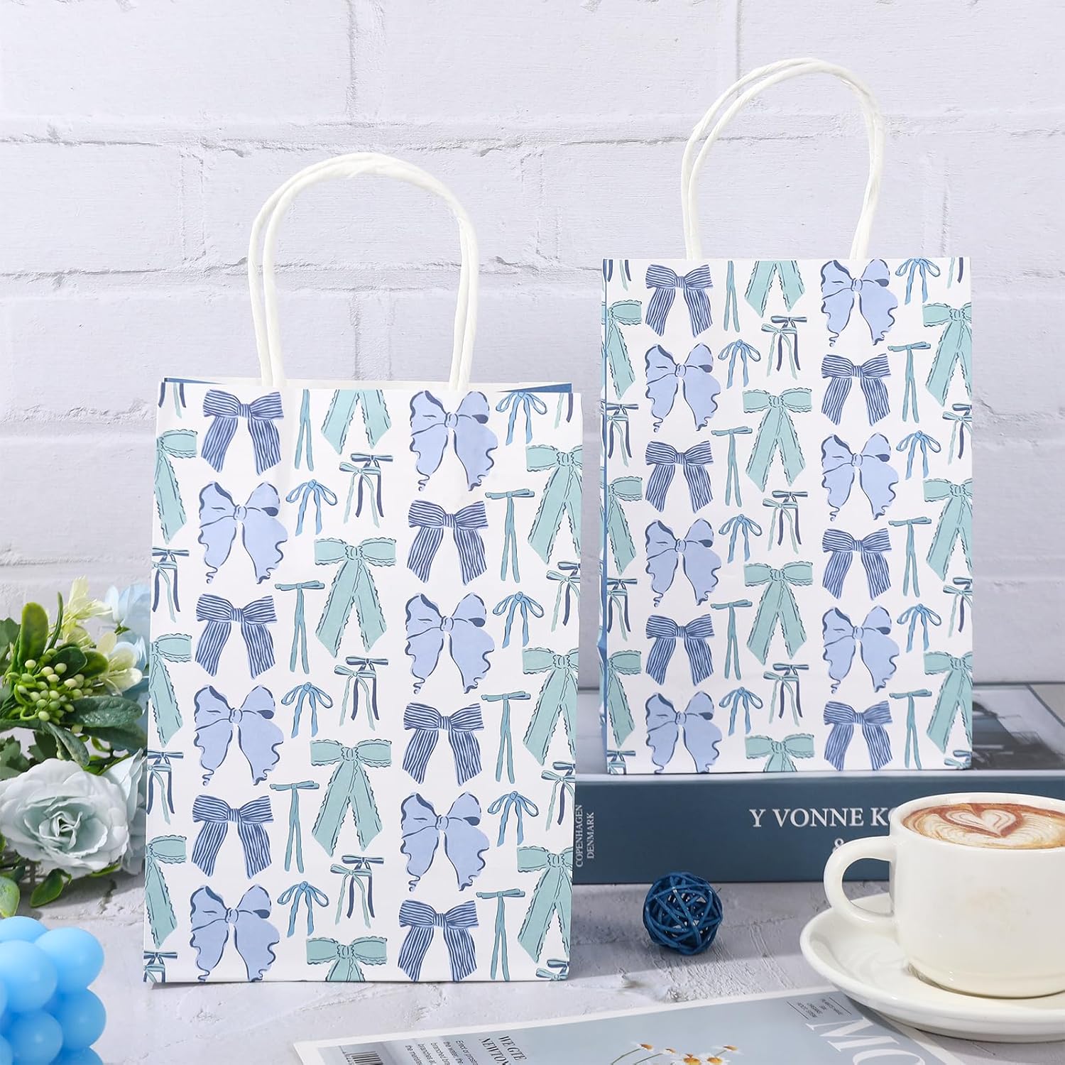 FYSUIMU 16Pcs Blue Bow Paper Bags with Handle Coquette Bowknot Gift Bags Cute Blue Bow Goodie Candy Treat Gift Bags for Birthday Wedding Baby Shower, 5.9 x 8.3 x 3.1 Inch
