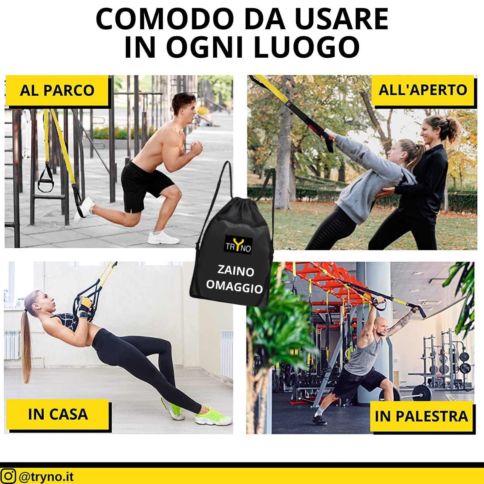 TRYNO TRX ITALIANO, Trx Fitness Da Casa, Suspension Training per Tutto il Corpo, Allenamneto in sospensione, Trx Elastico Fitness, Cinghie Sospensione +Zaino