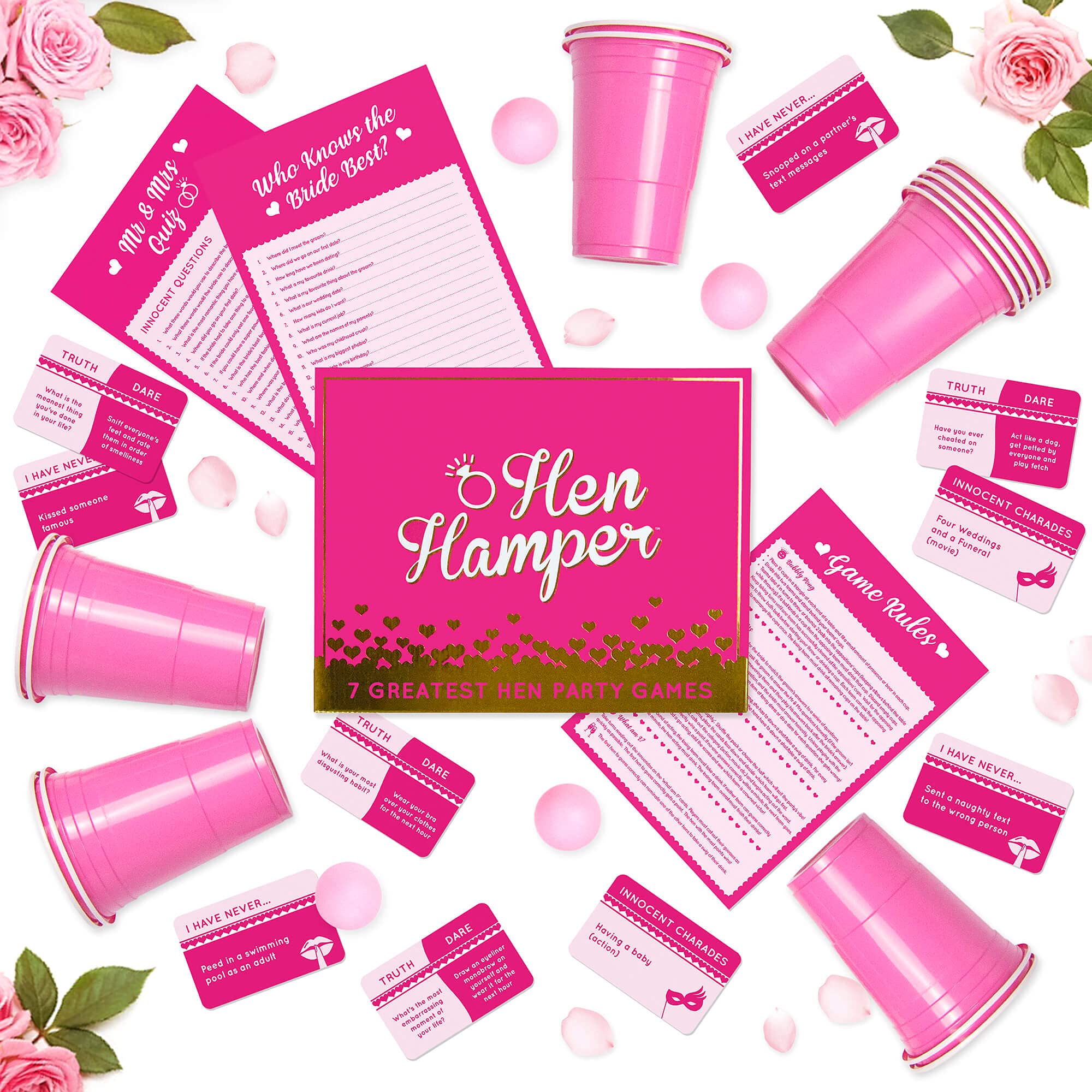 Hen Hamper 7 Hilarious Hen Party Games (Bubbly Pong, Mr & Mrs, Hen Charades, I Have Never, Who
