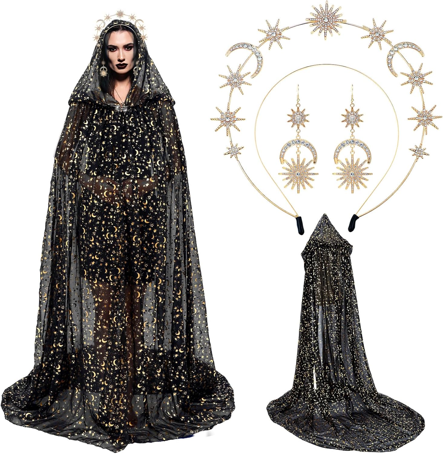 Shihanee 3 Pcs Halloween Celestial Witch Costume for Women Halloween Star Moon Tulle Cape Hooded with Headband and Earrings for Women Cosplay