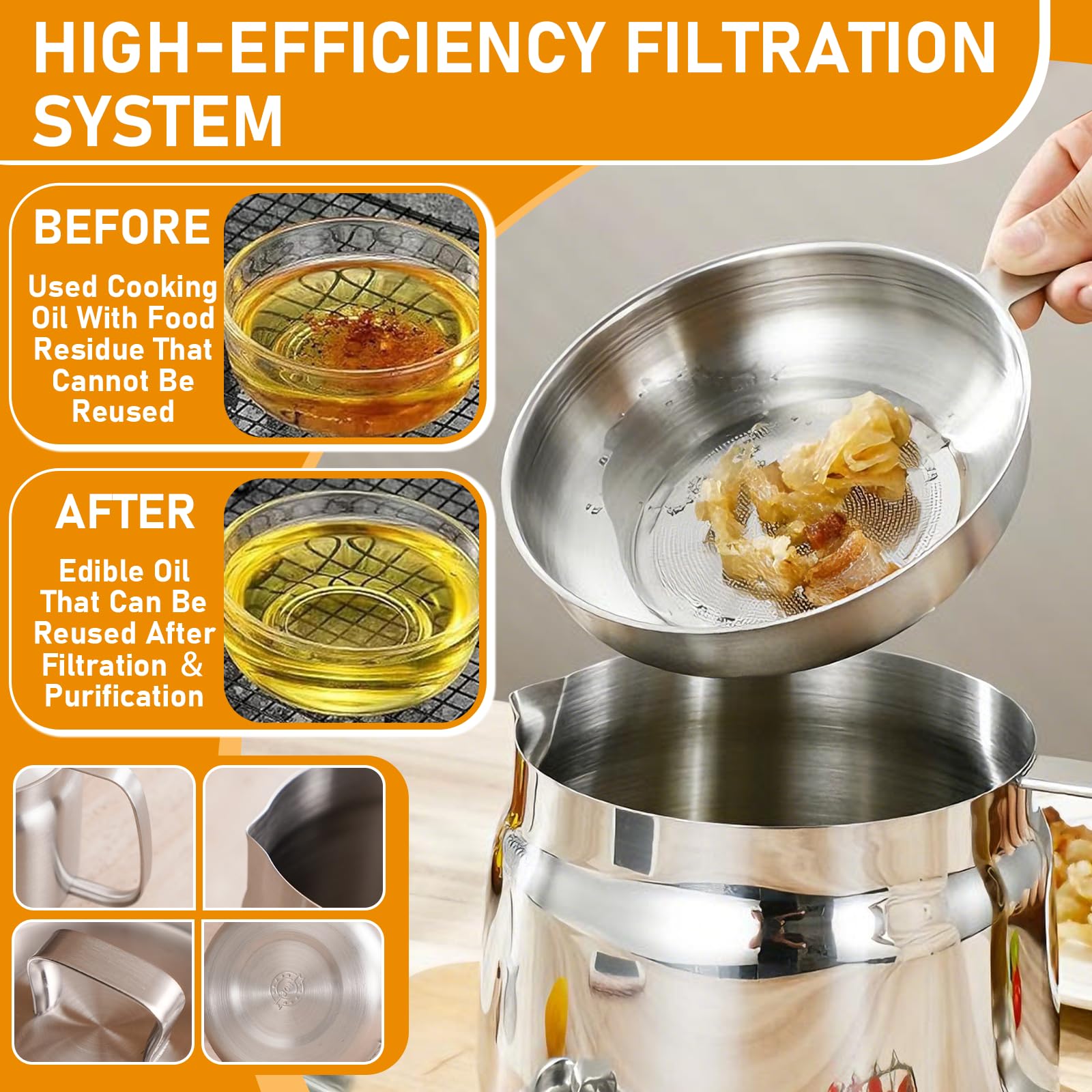 Passoire pour friteuse, pot de filtre à huile en acier inoxydable 304 avec panier filtrant, couvercle anti-poussière et plateau antidérapant avec poignée, récipient à graisse bacon, réservoir de