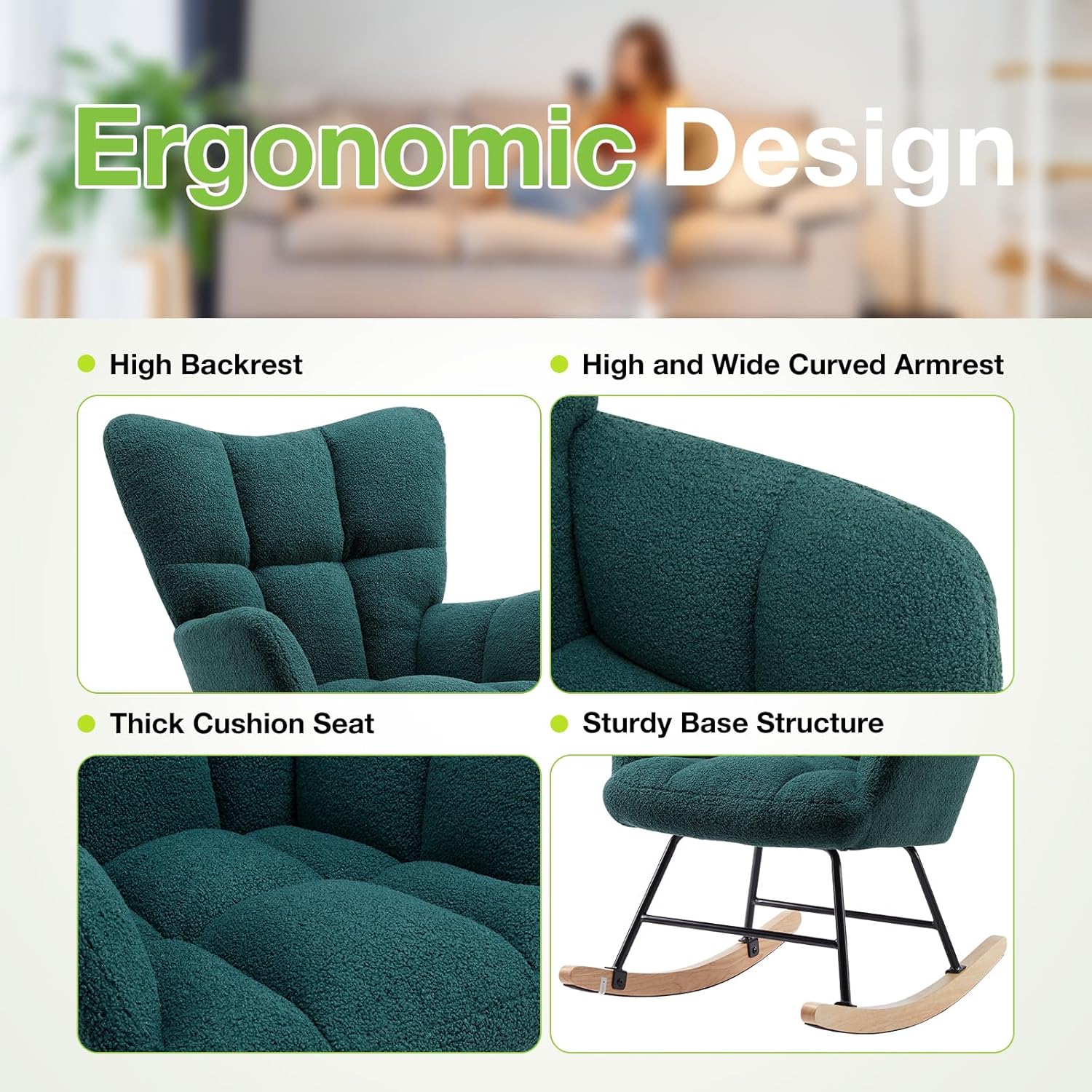 Rocking Chair Nursery Glider Recliner, Teddy Upholstered Nursing Chairs with Soft Seat Cushion Comfortable Armrests High Backrest for Bedroom Reading Living Room, Easy Assembly, Green