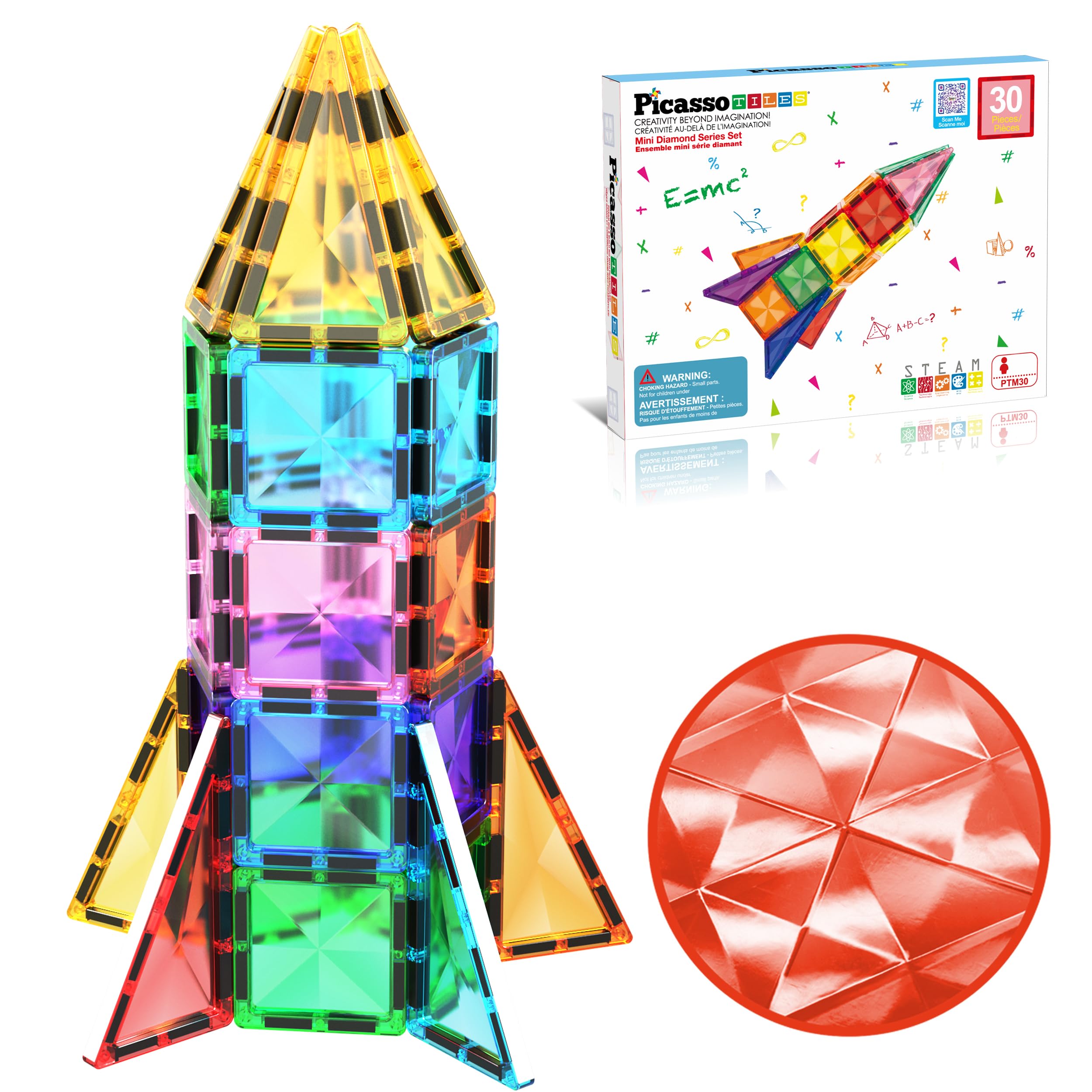 PicassoTiles 30 Piece Mini Size Magnetic Tiles Sensory Magnet Toys Diamond Series Construction Building Blocks Set STEM Learning Travel Size Educational Toy for Kids Boys Girls Toddlers Age 3+ PTM30