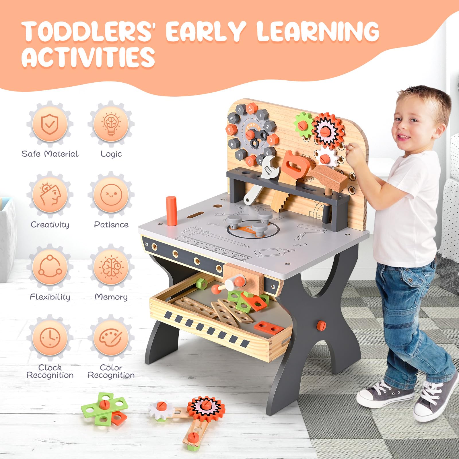 Établi en Bois pour Enfants, Outils de Jeu Banc à Outils en Bois Multifonction Maintenance des simulations Tableau d'outils de démontage des vis et écrous pour Les 3 Ans et Plus