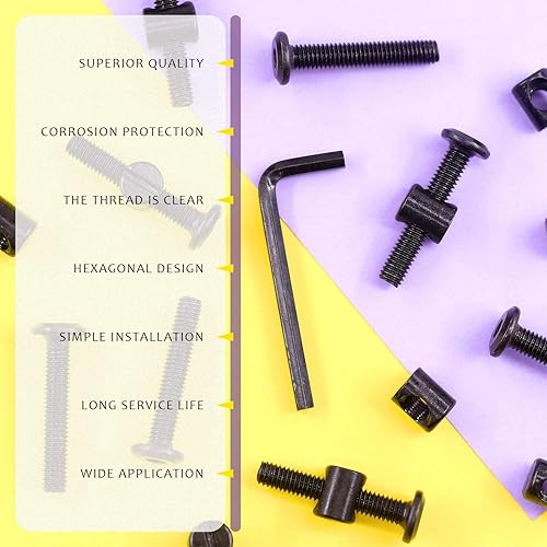 Miniatura 6 de Swpeet 51 tornillos negros M6 × 1.378 in, tornillos hexagonales para cuna, perno de cuna y tuercas de barril con 1 llave Allen, perfecta para