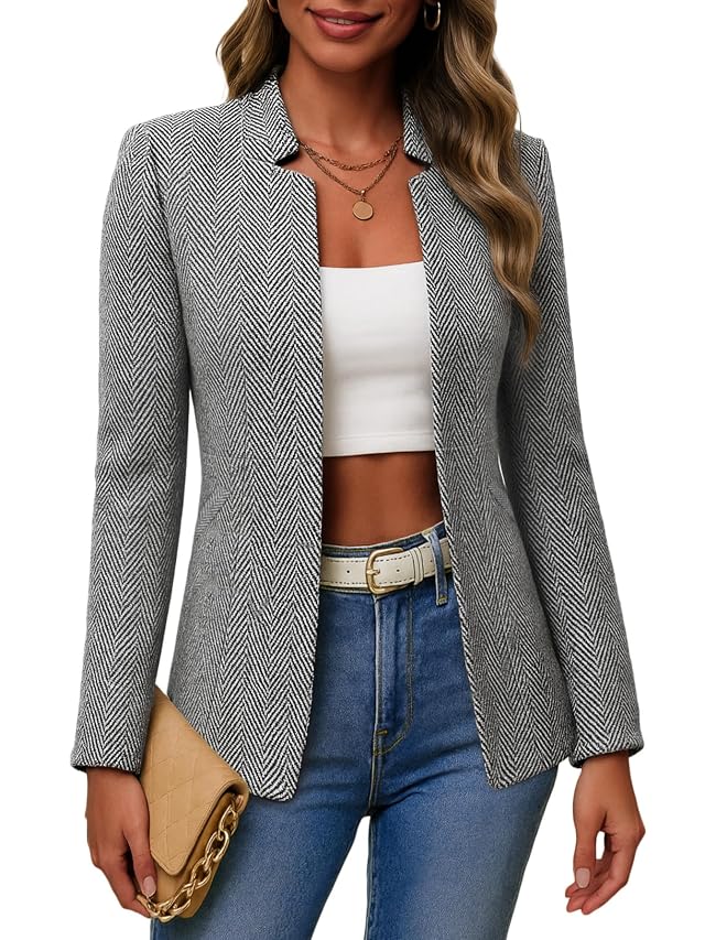 Mina Self 2025 Winter Womens Tweed Blazer Jacket - Warm Fully Lined Open Front Fashion Stand Collar Casual