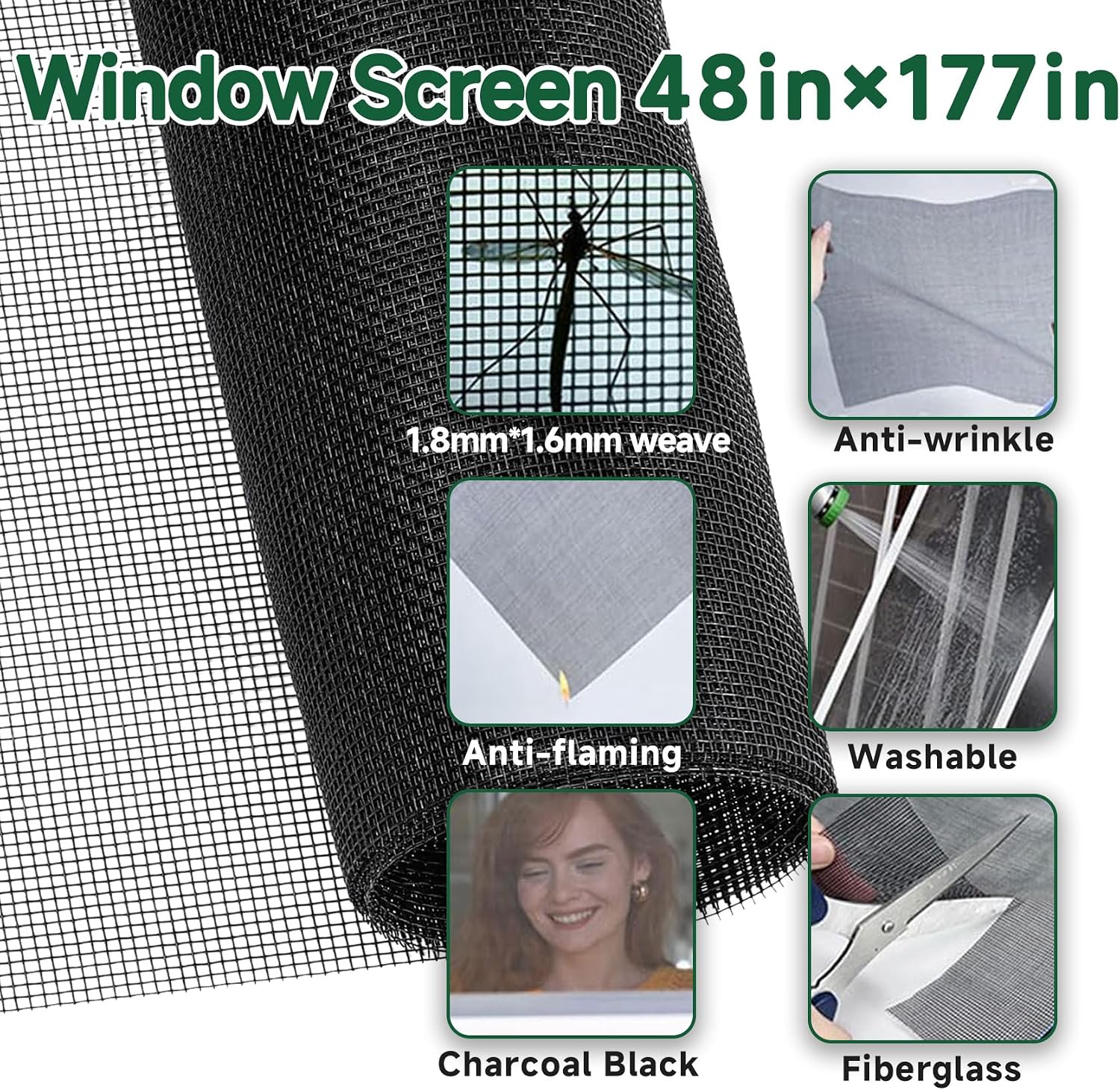 Windows Screen Replacement Kit and Screen Door Repair Kit 48"x177" Durable Fiberglass Screen Mesh Roll with All Tools in Window Screen & Sliding Screen Door Replacement for Windows, Patio