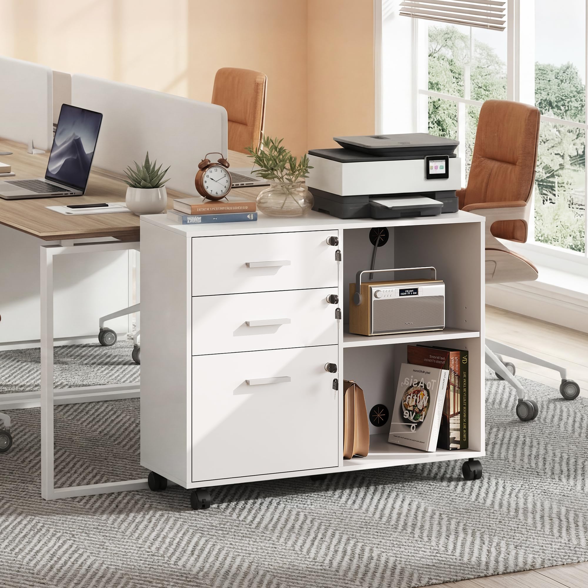 DEVAISE Caisson de Bureau Roulant 3 Tiroirs et étagères ouvrantes, Meuble Imprimante Rétro avec Plateau Bois, Meuble Rangement Bureau Mobile, Blanc