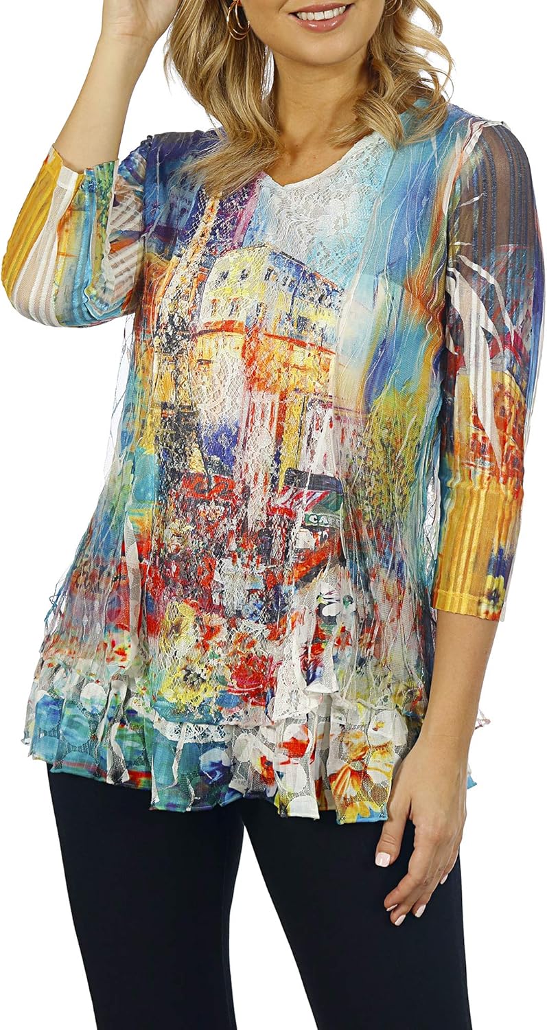 Impulse California Mixed Media Top with Lace Overlay at Amazon Women’s Clothing store