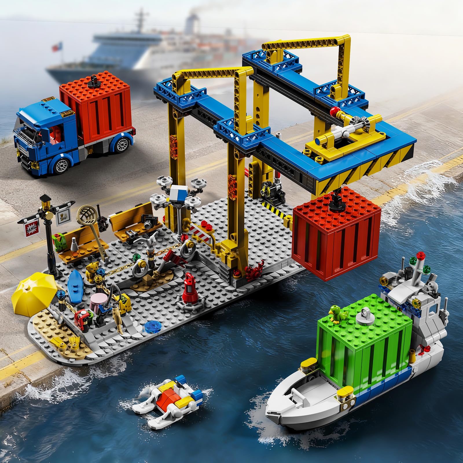 QLT QIAOLETONG City Seaside Harbour Building Block Set, with Cargo Ship, Container Cranes, Truck and Boat Building Model Kit - Image 2