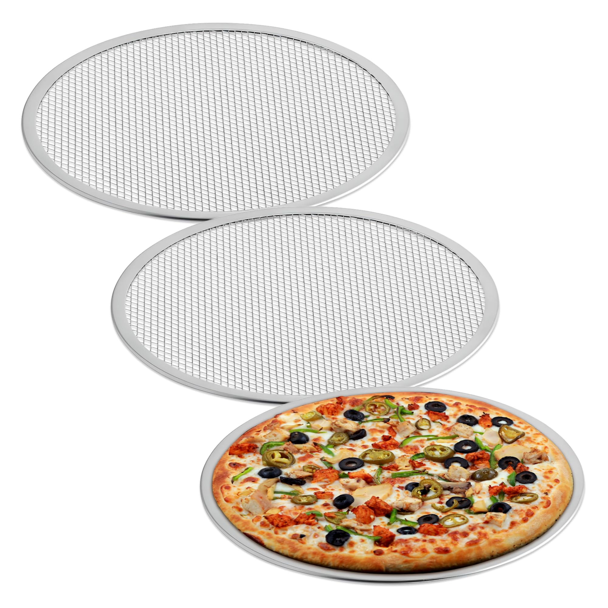 OCS Parts 3-Pack 12-Inch Aluminum Pizza Screen | Commercial Grade Pizza Tray Screen for Home Cooking, Pizzerias and Restaurants