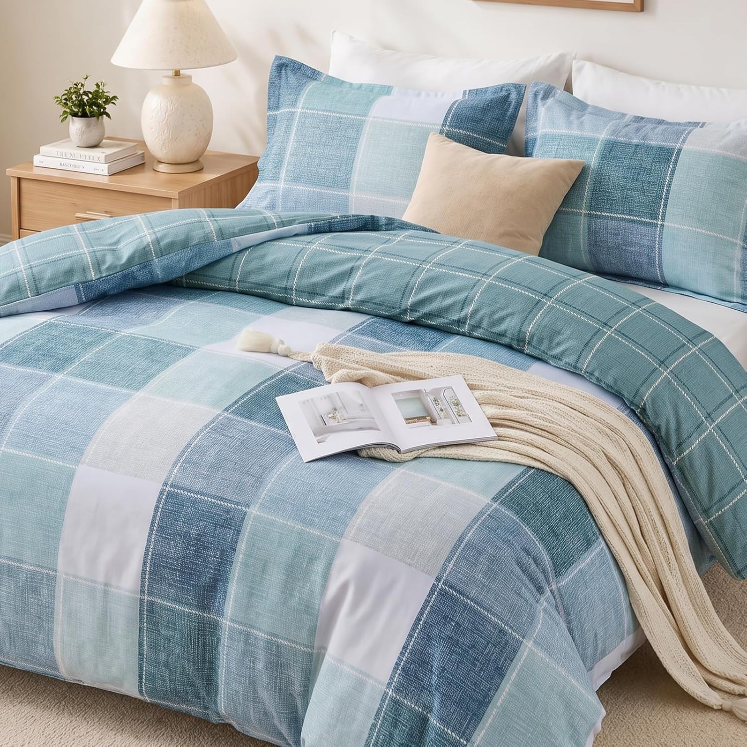 JOLLYVOGUE Plaid Duvet Cover Queen Size, Duvet Cover Set 3-Piece, Blue | Ultra Soft Brushed Microfiber, OEKO-TEX Certified, Breathable Bedding Set, Zip Closure, 8 Corner Ties, No Insert