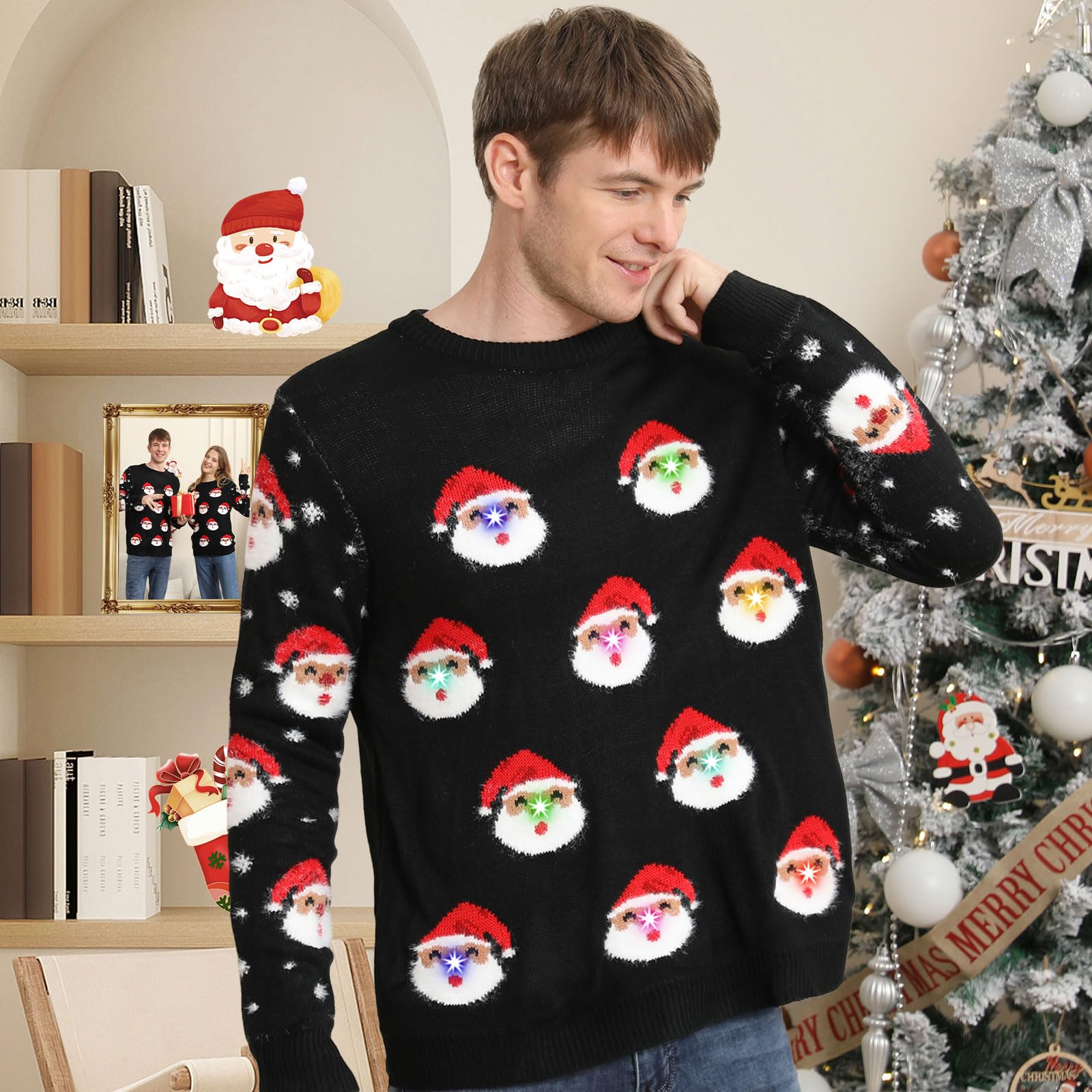 Maglione Natalizio con Luci LED, Maglioni Natalizi Famiglia Set, Brutti Maglione Natalizio Uomo Donna Ugly Christmas Sweater, Manica Lunga Maglia Natale Maglione di Natale per Coppia