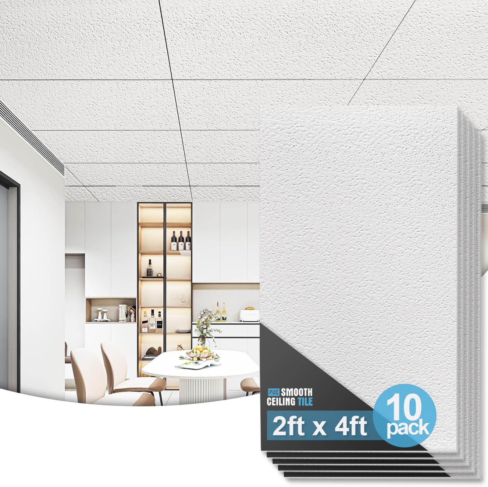 Art3d 10-Pack Stucco Texture Drop Ceiling Tiles 2x4 FT - Fire-Rated, Waterproof, Reusable - Premium PVC 24x48 Inch Ceiling Panels for Living Room Kitchen Bathroom Basement Office, White