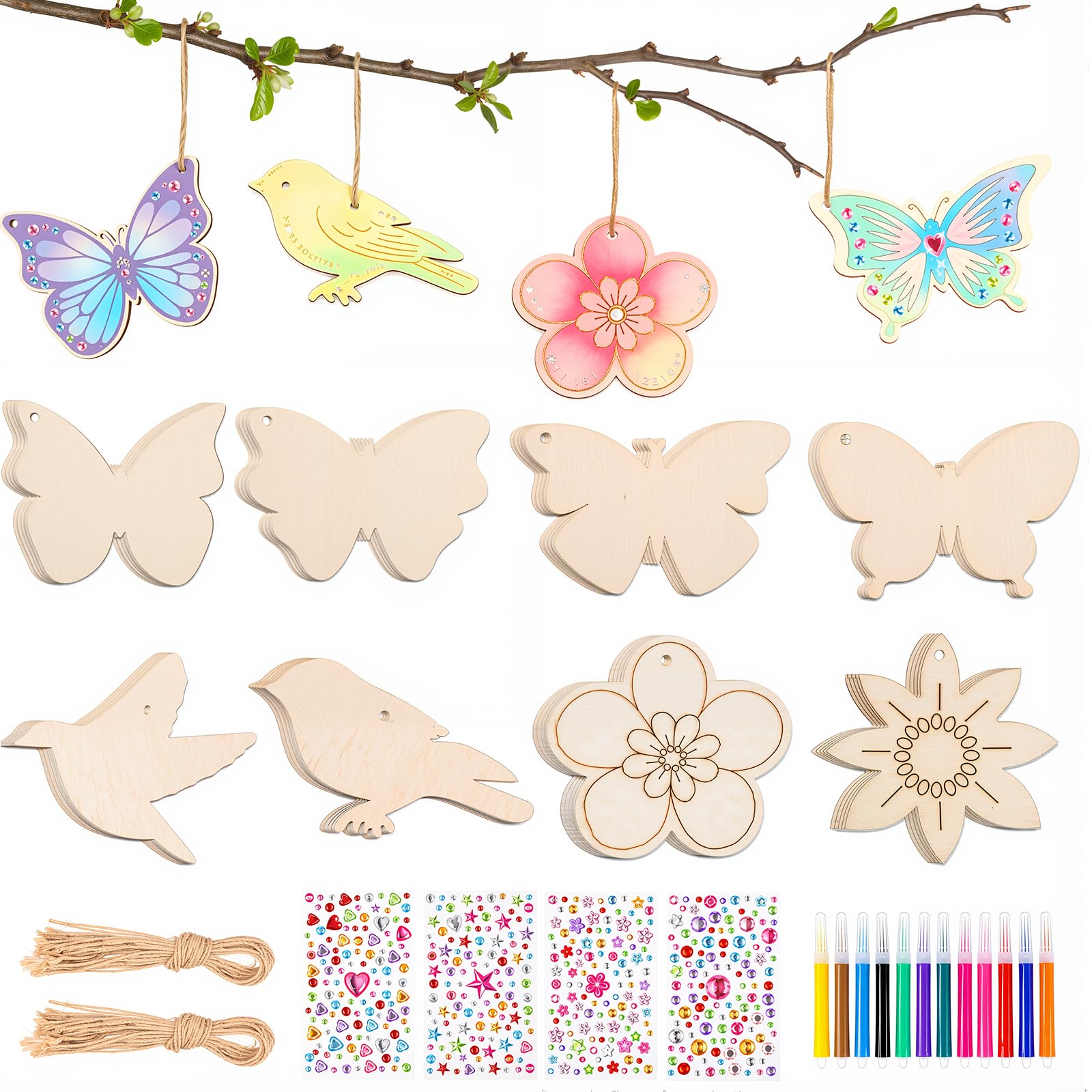 Huiguli 96Pcs Wooden Arts and Crafts, Flower & Bird Painting Kit