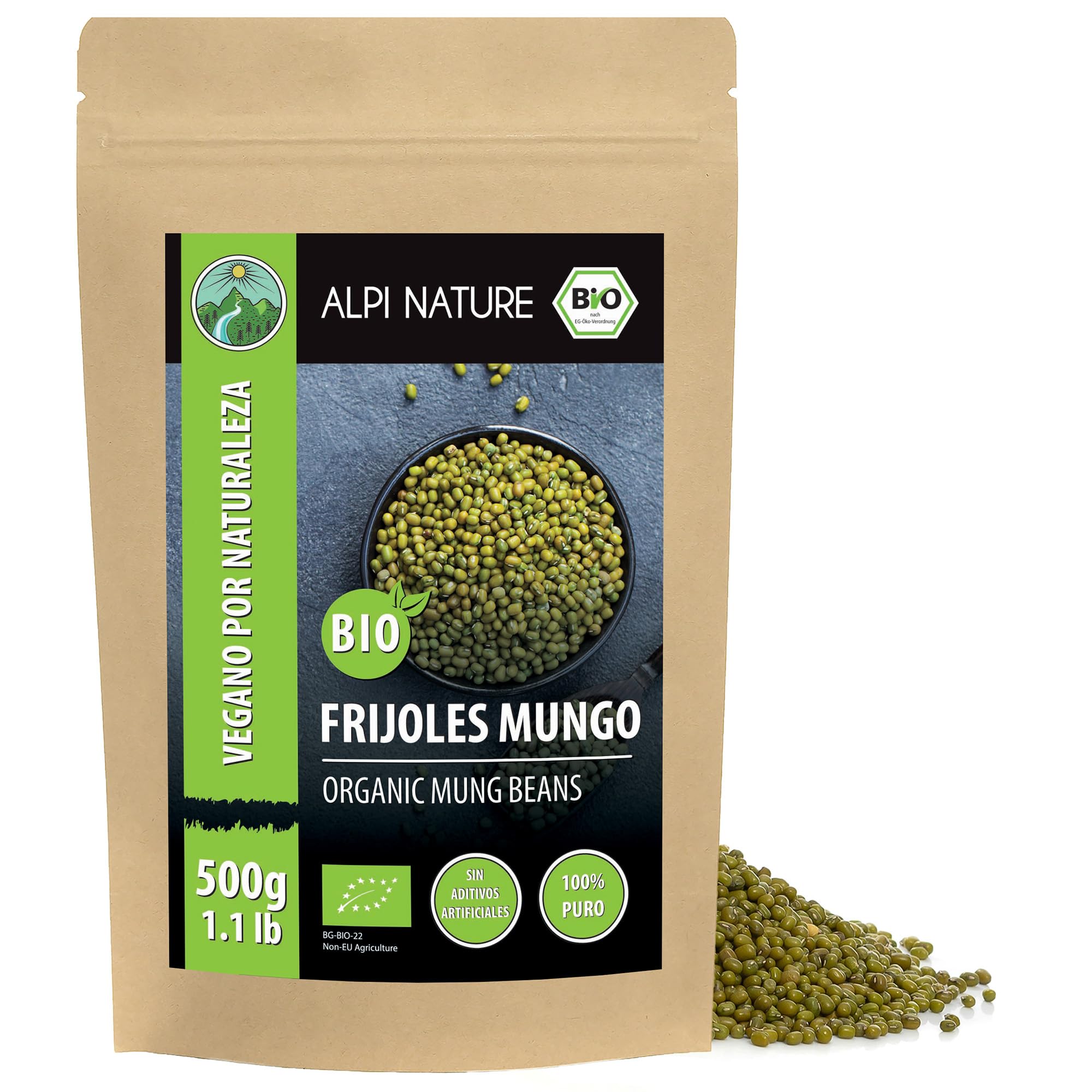 Alpi Nature Frijoles Mungo Orgánicos 500g, Frijoles Verdes Enteros sin Gluten