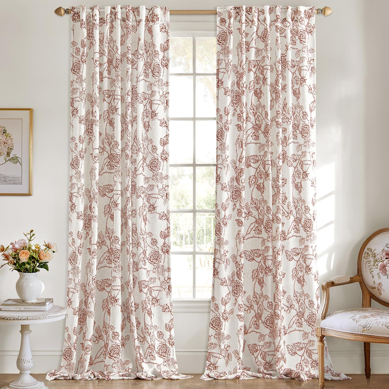 ANRODUO Vintage Floral Curtains Rust Floral Patterned Curtains Vintage French Country Style Drapes 96 Inches Long 2 Panels Set Light Filtering Back Tab Semi Sheer Drapes for Living Room Bedroom
