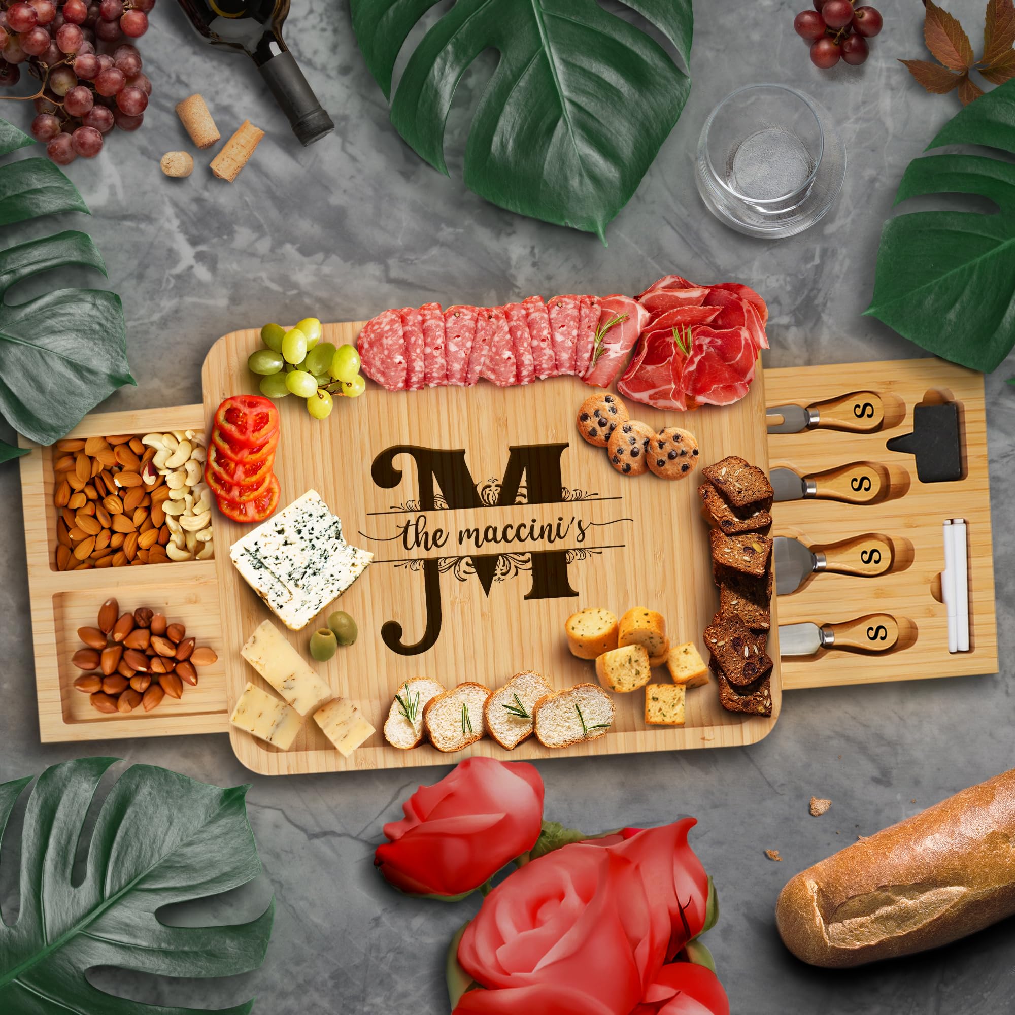 Personalized Charcuterie Board Gift Set - Engraved Bamboo Cheese and Meat Platter, Custom Cutting Board for Wedding, Housewarming Gifts New Home,