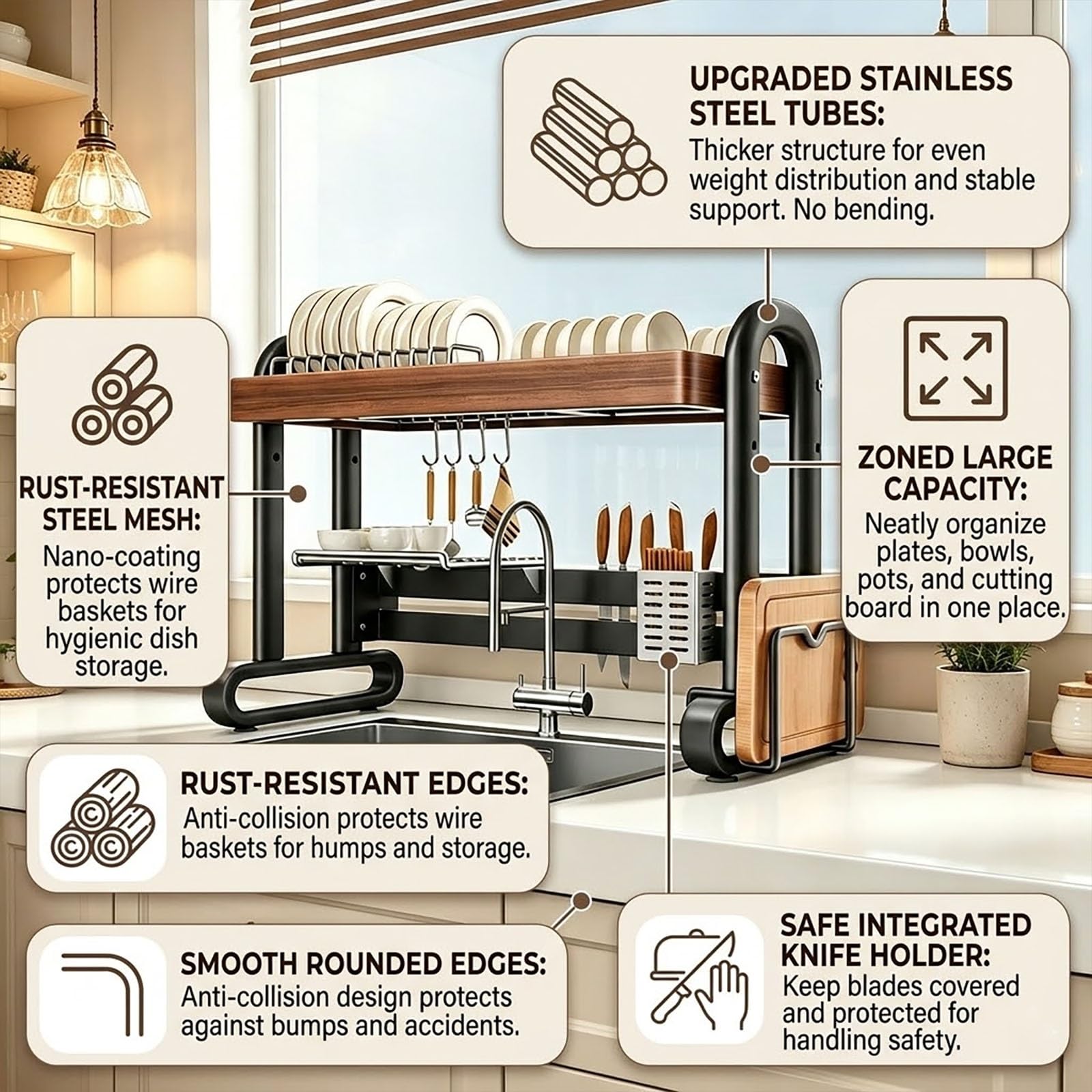 Scolapiatti sopra il lavello, organizer da cucina a 2 ripiani in acciaio inox, grande scolapiatti antiruggine per risparmiare spazio moderno (75 x 31,8 x 80 cm)