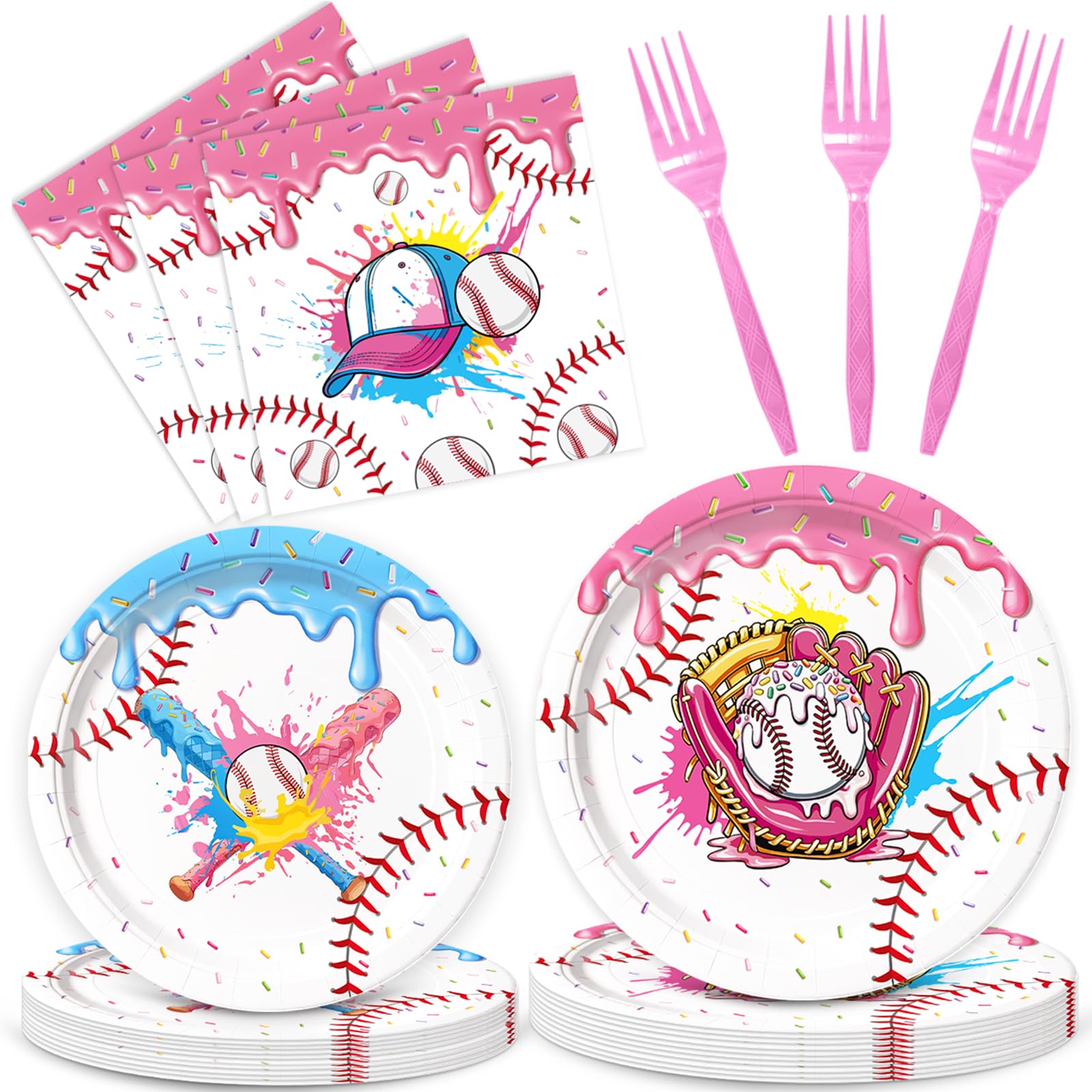 96Pcs Ice Cream Drip Baseball Birthday Party Decorations Disposable Tableware Set Include Baseball Paper Plates and Napkins Plastic Forks for Sports