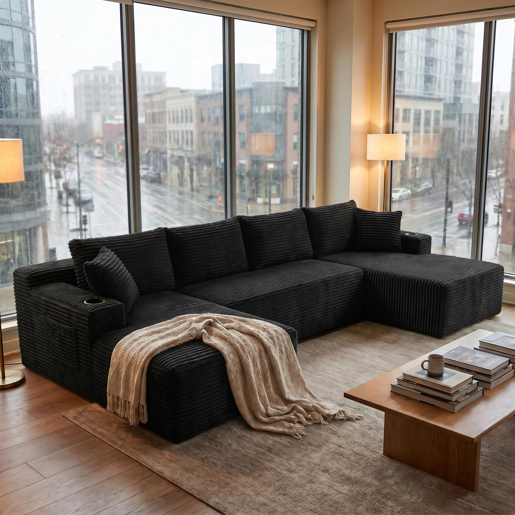 VYNELITO 125 inch U-Shaped Modular Sectional Sofa in Black