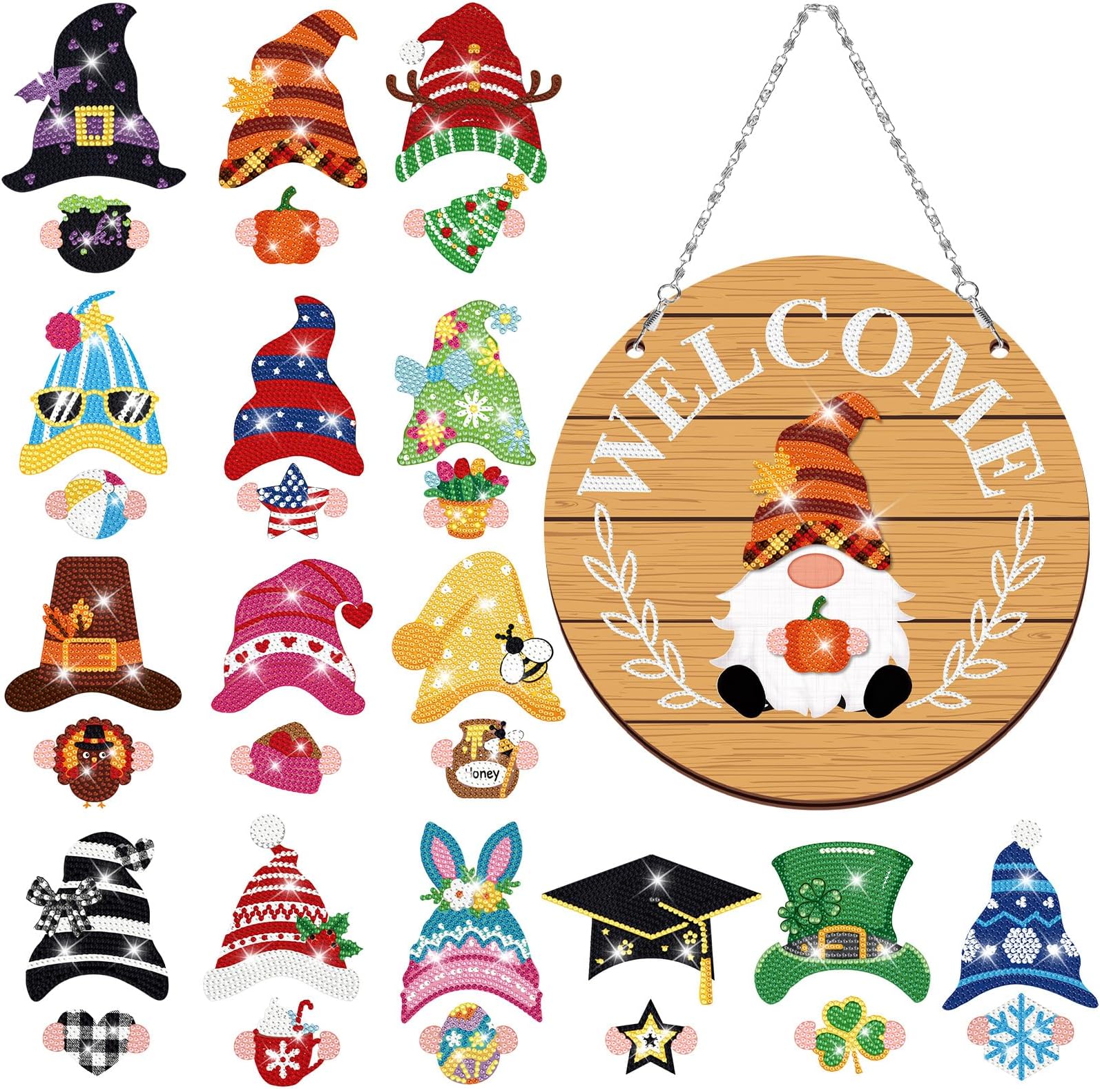 Qunclay Interchangeable Wooden Gnome Diamond Art Decor Holiday Seasonal Welcome Sign Gnome with Magnet Pieces and Detachable Hats Changeable DIY Hanging Front Door Decor(Light Wood Color)