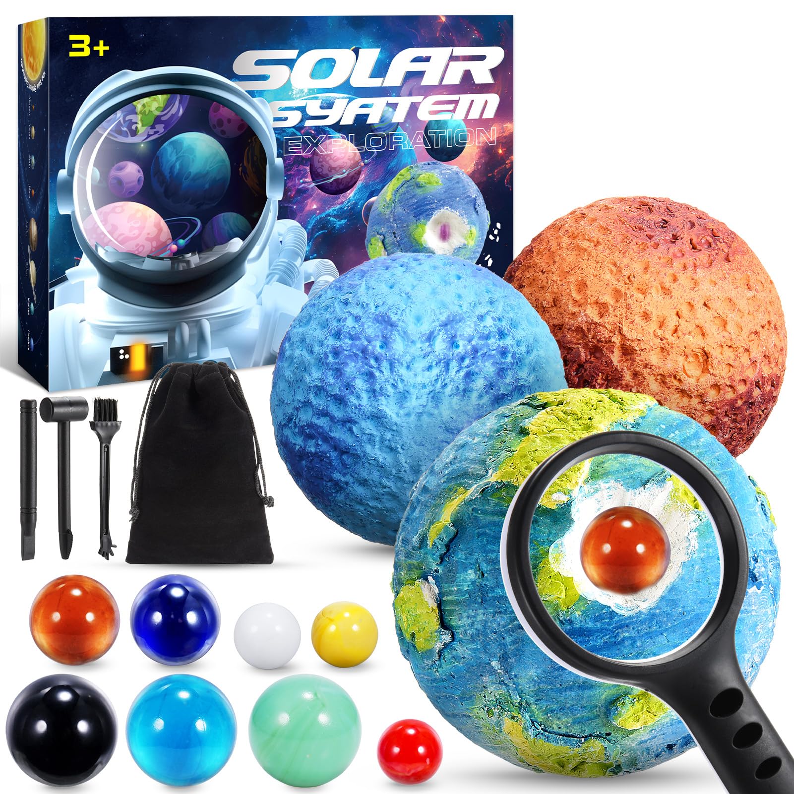 iKidiki Toys for 4 5 6 7 8 9 10 Year Old Boys Girls, Dig Kit 4 5 6 7 8 9 10 Year Old Boy Girl Gifts Educational Science Kits for Kids Age 4 5 6 7 8 9 10 Planets for Kids - 8 Planet Glass Marbles