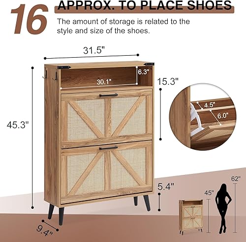 Miniatura 2 de Armario de almacenamiento de zapatos, organizador de zapatos de granja con 2 cajones abatibles y diseño de puerta de granero, armario independiente