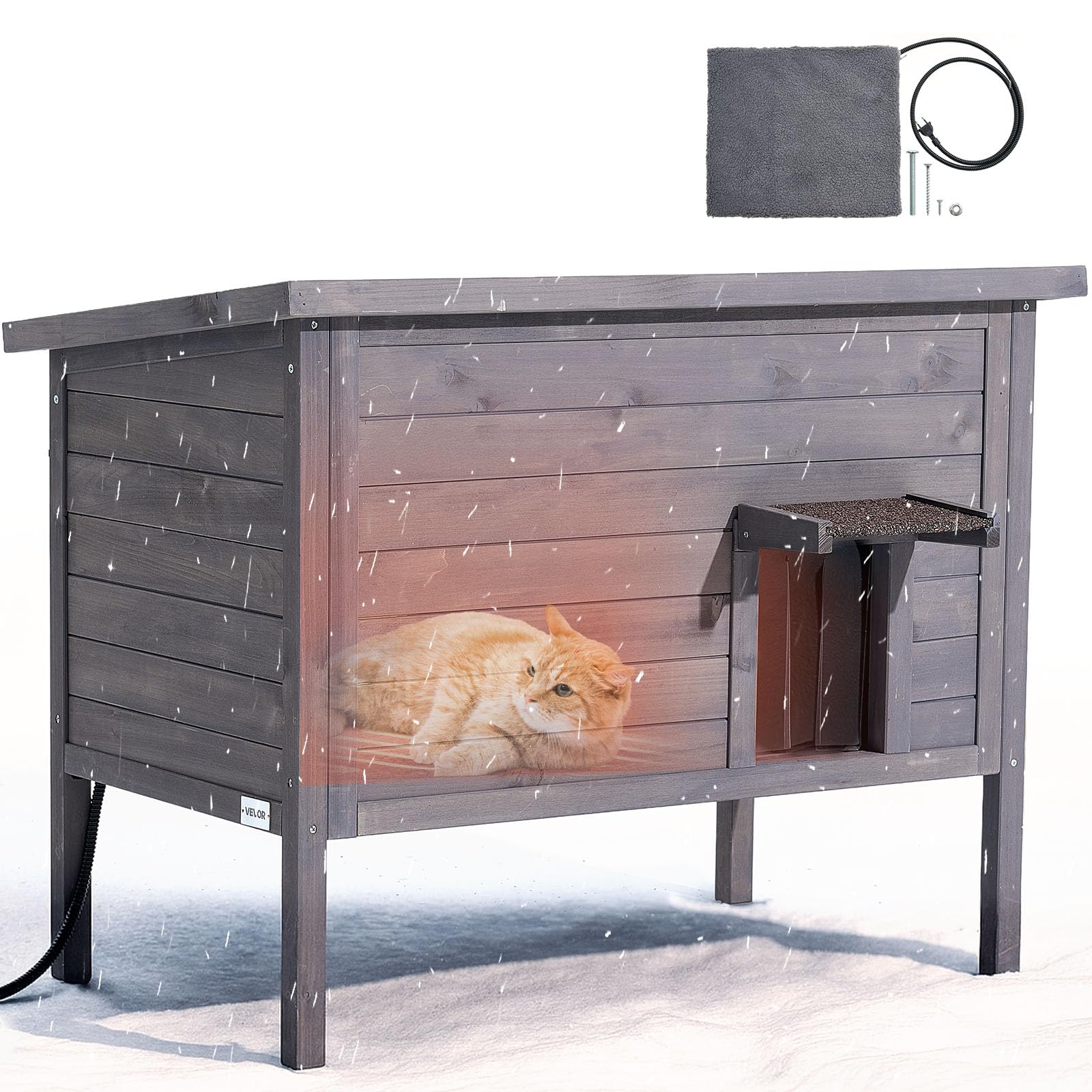 VEVOR Cuccia Riscaldata per Gatti, Rifugio Isolato Impermeabile in Legno da Esterno, con Cuscinetto Riscaldante, Porta a Battente e Tetto Apribile in Asfalto per 1-3 Gatti, 87 x 53,5 x 69 cm