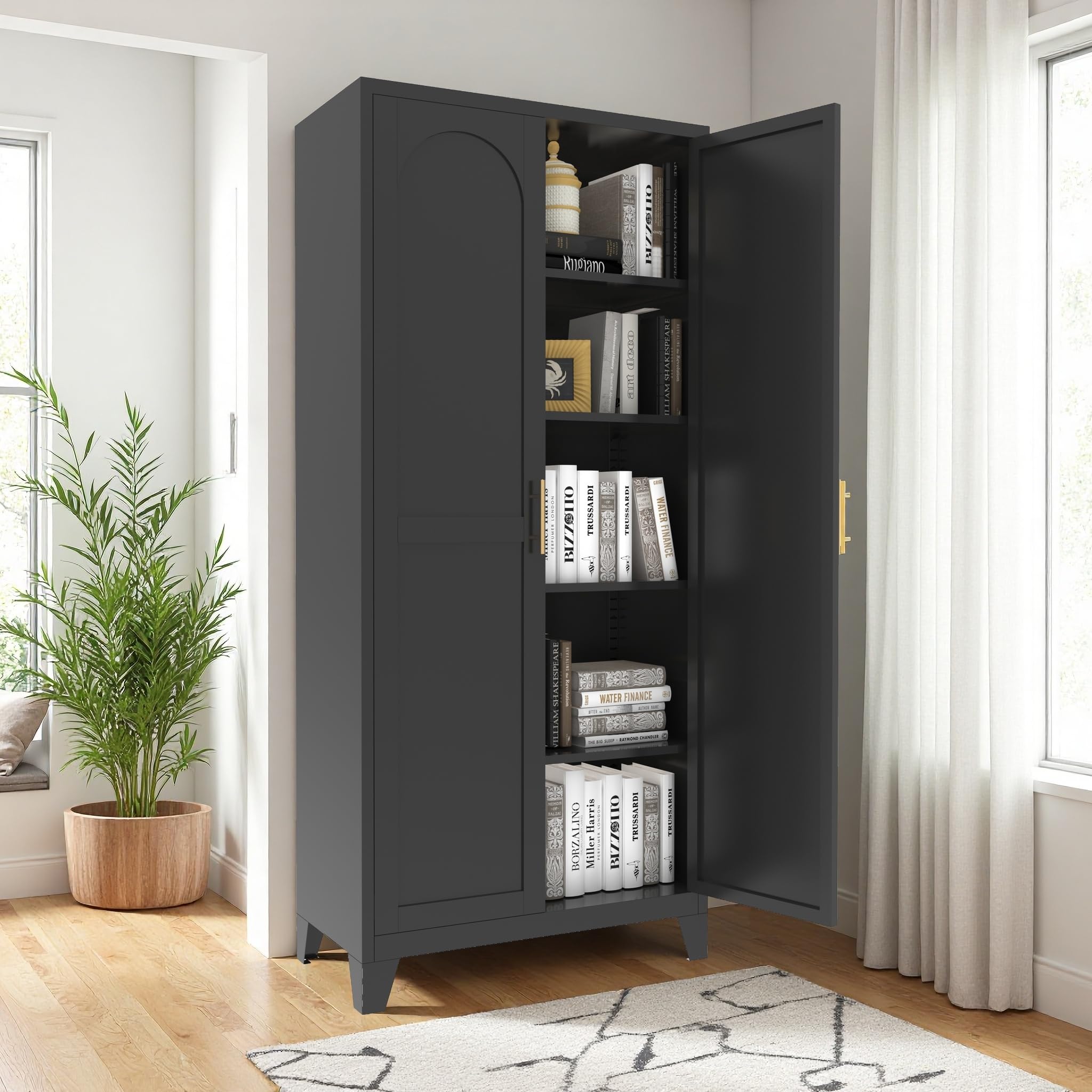 RYH Metal Pantry Cabinet with Doors & 3/4 Shelves, Kitchen Storage Cabinet, Large White Utility Cupboard for Kitchen, Dining Room, Bathroom?Office, Living Room (Black, 70.87" H×31.5" W×15.7" D)