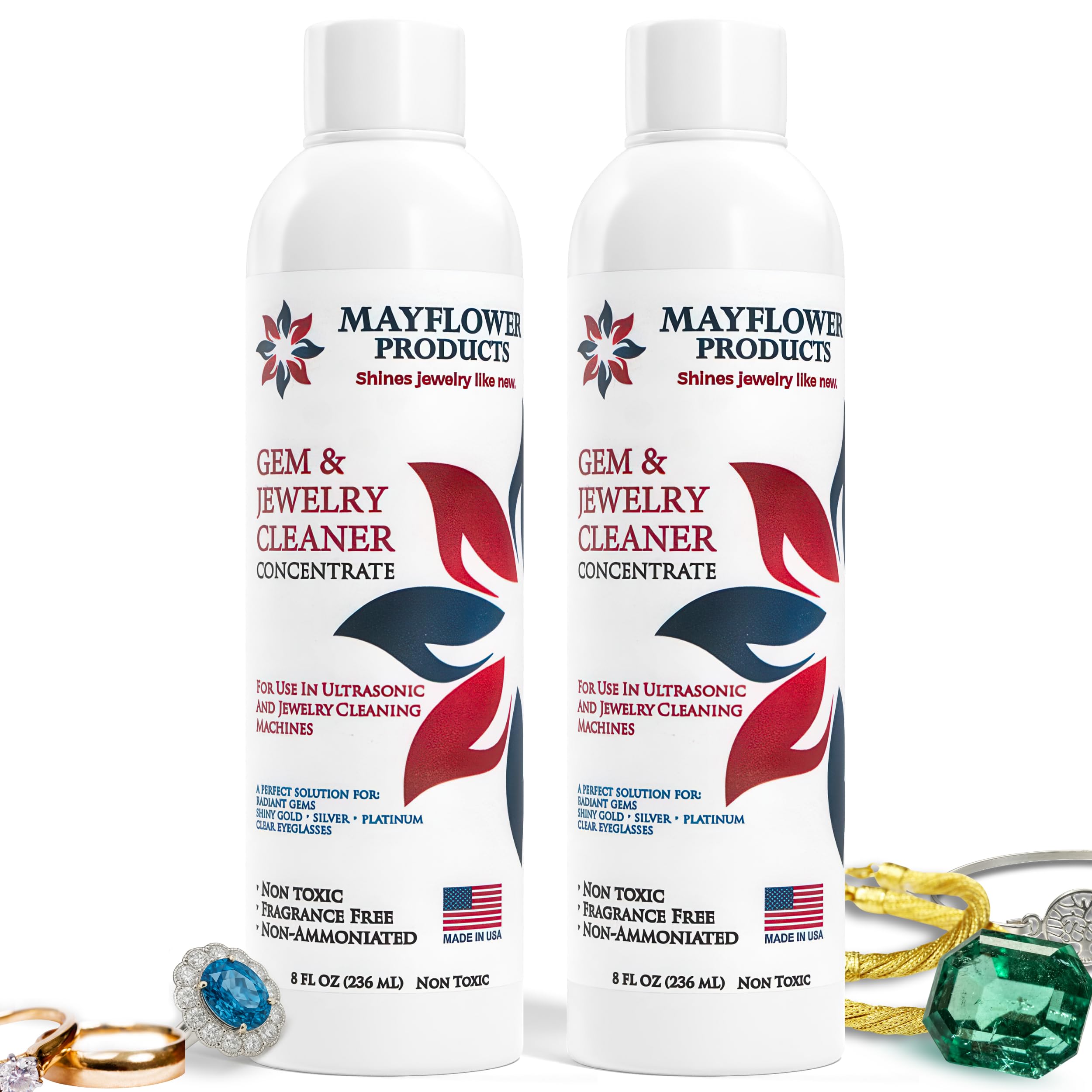 Mayflower Jewelry Cleaner for Ultrasonic Machine Made in USA Non Toxic Tarnish Remover Solution Concentrate 2-pack for Cleaning Gems Diamond Rings