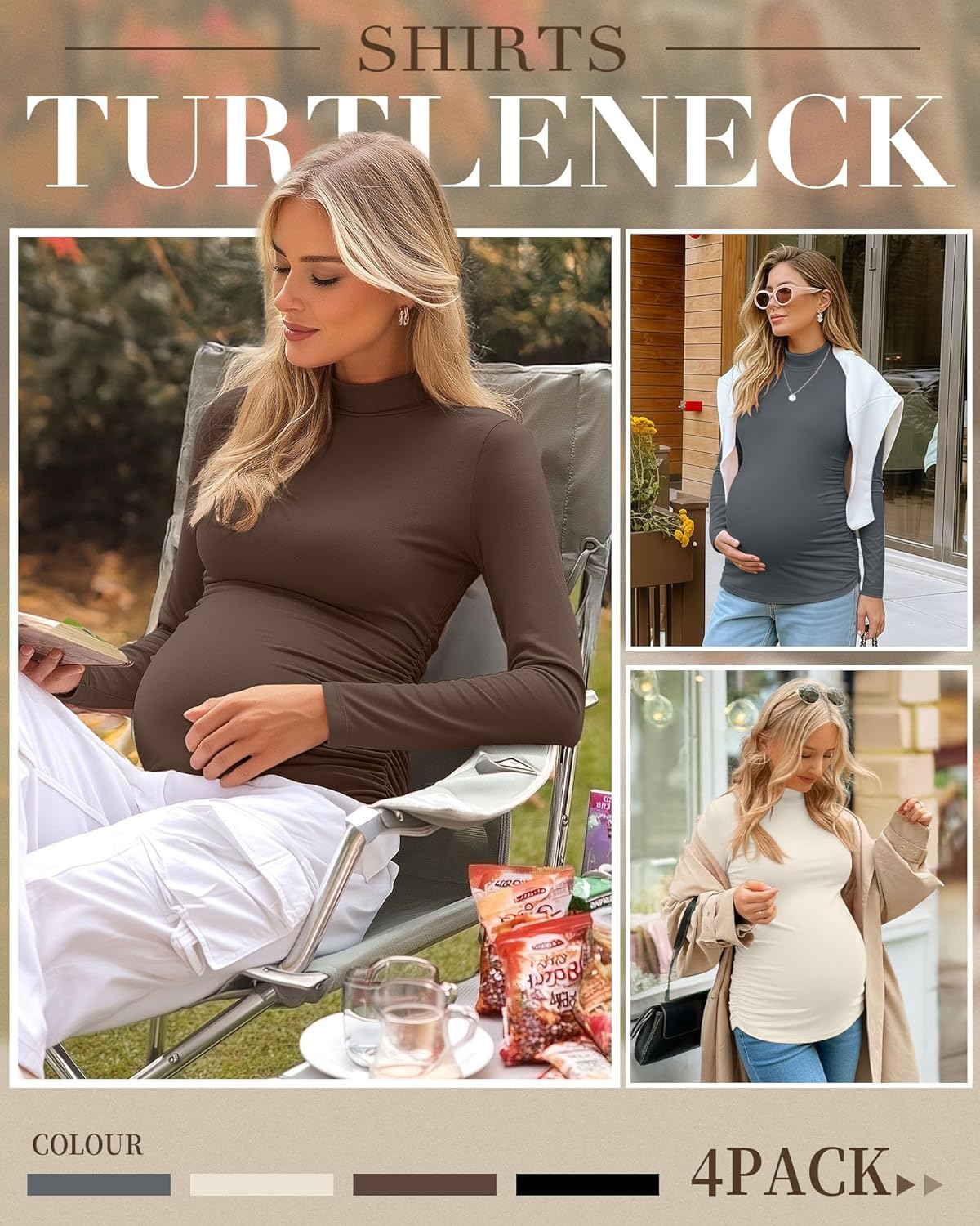 Riyiper 4 Pack Women's Maternity Turtleneck Shirts Long Sleeve Pregnancy Tops Ruched Sides Pregnant Tees Mama Clothes - Image 4