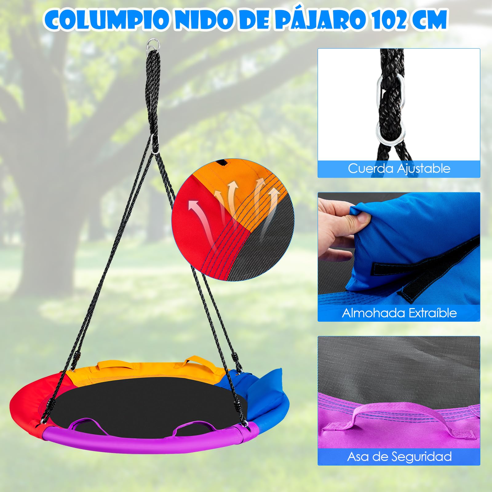 GOPLUS Columpio Jardín Exterior, Máxima Carga 150 KG, Tela Oxford y PP Seguro y Duradero al Aire Libre, Columpio Redondo Grande Diámetro 100cm, Cuerdas Ajustables, con Almohada, para Niños y Adultos