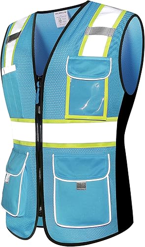 Miniatura 6 de Chaleco de seguridad para mujer, chaleco reflectante de alta visibilidad con 9 bolsillos múltiples y cremallera