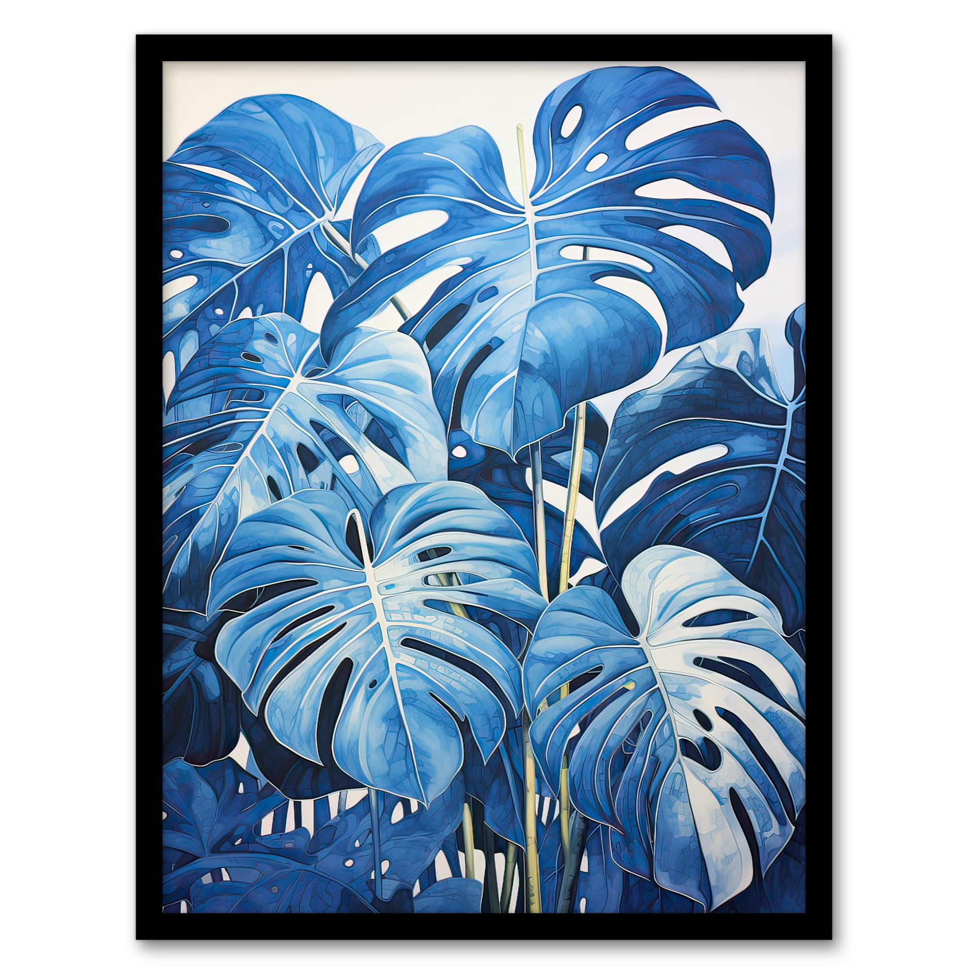 Artery8 Monstera Plant Leaves in Blue Watercolour Painting Artwork Framed Wall Art Print A4