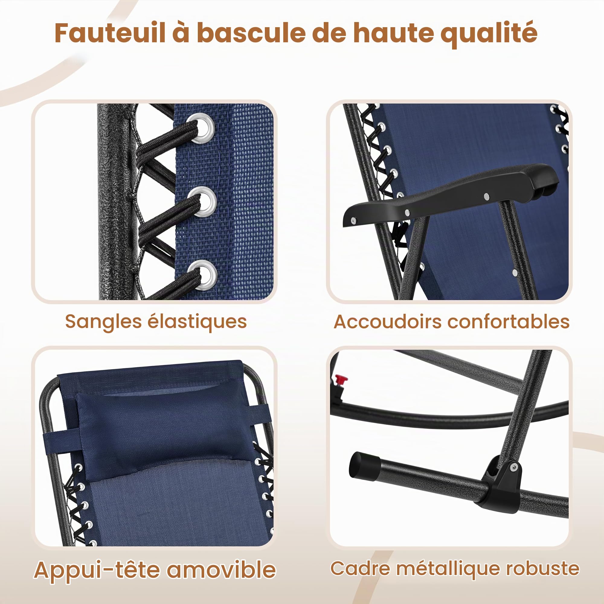 Yaheetech Basics Fauteuil à Bascule Pliant Rocking Chair Pliable de Jardin 102 x 65,5 x 103 cm avec Têtière Réglable Poche de Rangement pour Jardin Patio Terrasse Camping Voyage Bleu Marine
