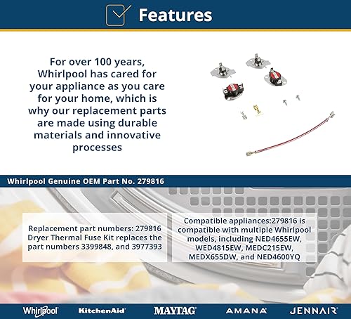 Miniatura 4 de Whirlpool 279816 Kit de fusible térmico para secadora OEM