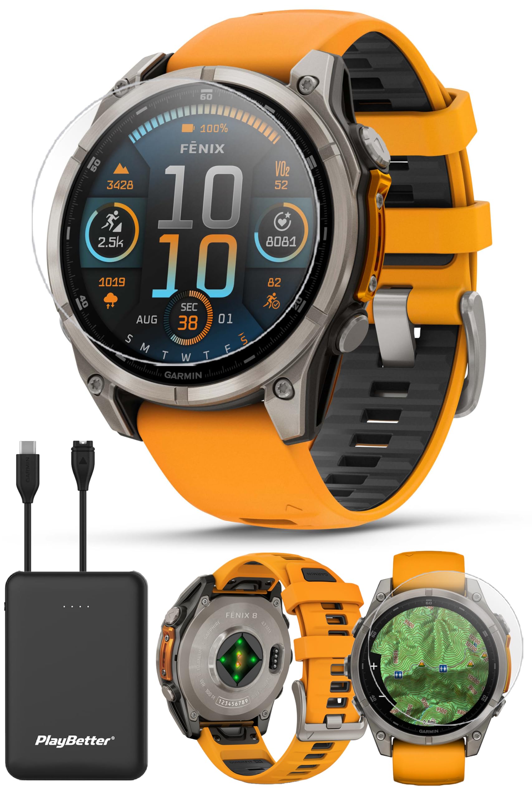 PlayBetter Garmin Fenix 8 AMOLED Sapphire (47mm, Titanium/Spark Orange) Multisport GPS Smartwatch Bundle - 1.4” Touchscreen, Built-in LED Flashlight