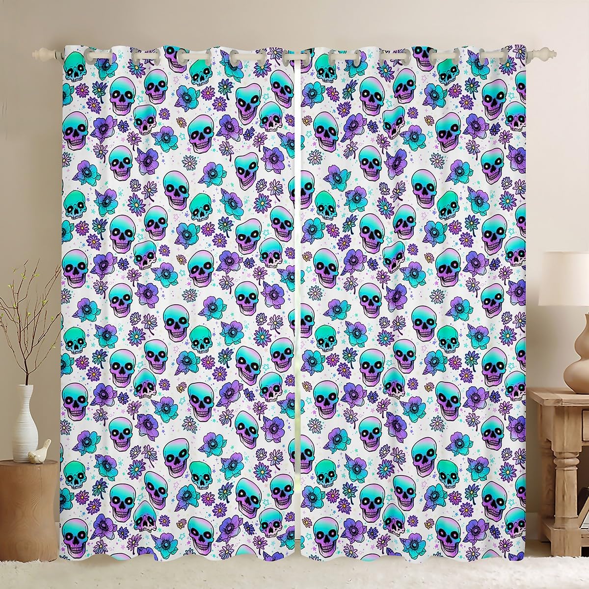 Manfei Cartoon Skeleton Blackout Curtain,Star Daisy Flower Botanical Blackout Curtain,Plant Gradient Trendy Boys Girls Room Decor,Teal Purple White 2 Panels,66Wx72L inch
