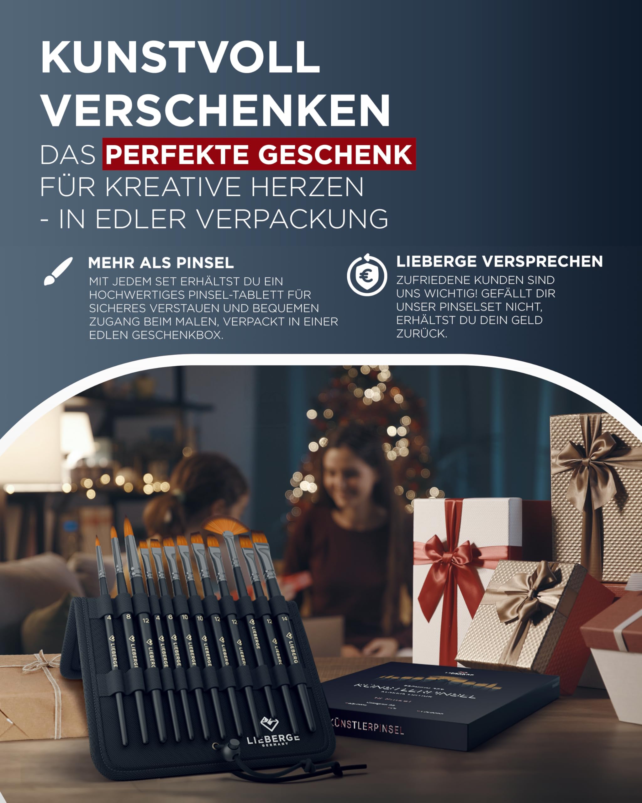 LIEBERGE Premium Pinselset Allround : Pinselset Acrylfarben, Aquarellpinsel (12 Pinsel) + Detailpinsel (10 Pinsel) + Pinselseife (40g | inkl. Reinigungsmatte)