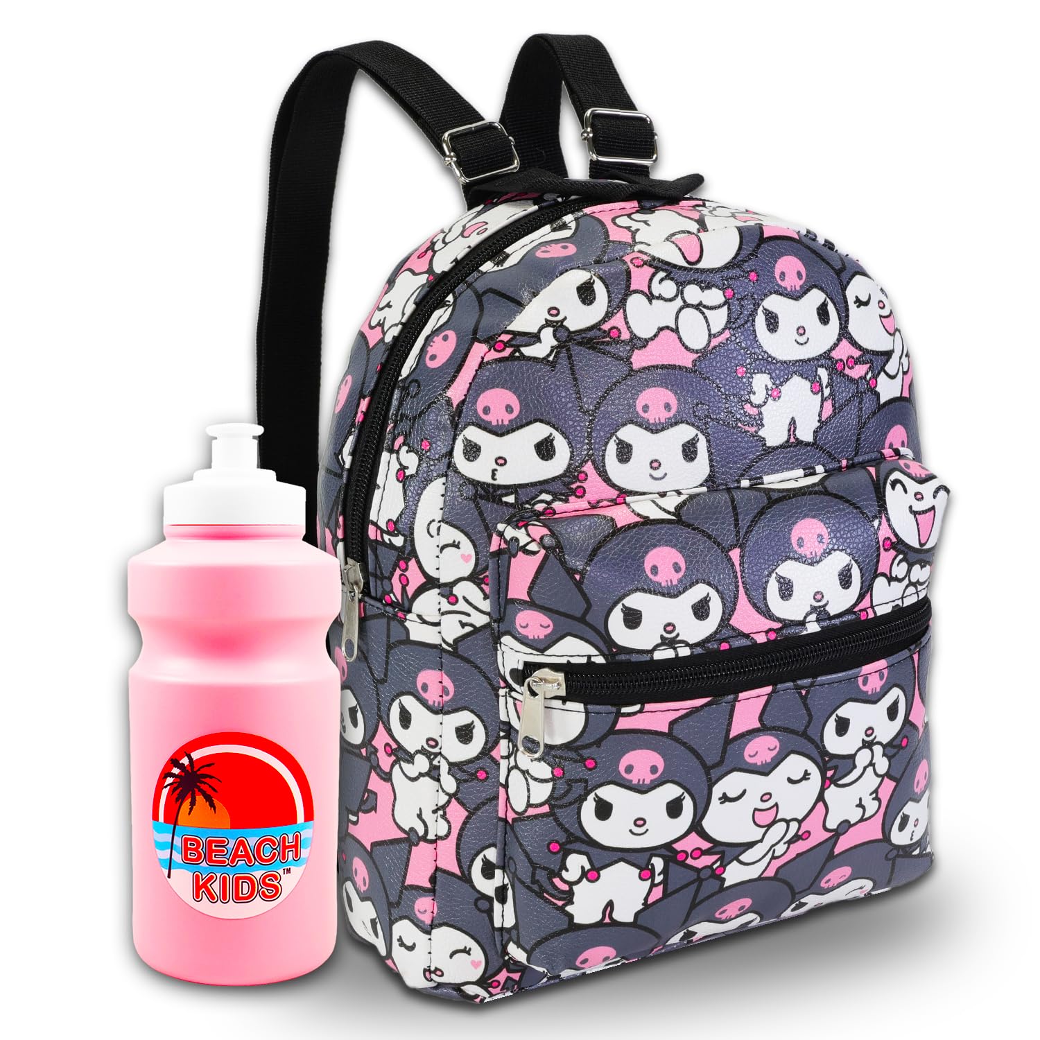 Kuromi Mini Backpack for Kids Set - 10” Faux Leather Kuromi Backpack with Front Pocket Plus Water Bottle | Sanrio Backpack Bundle for Girls