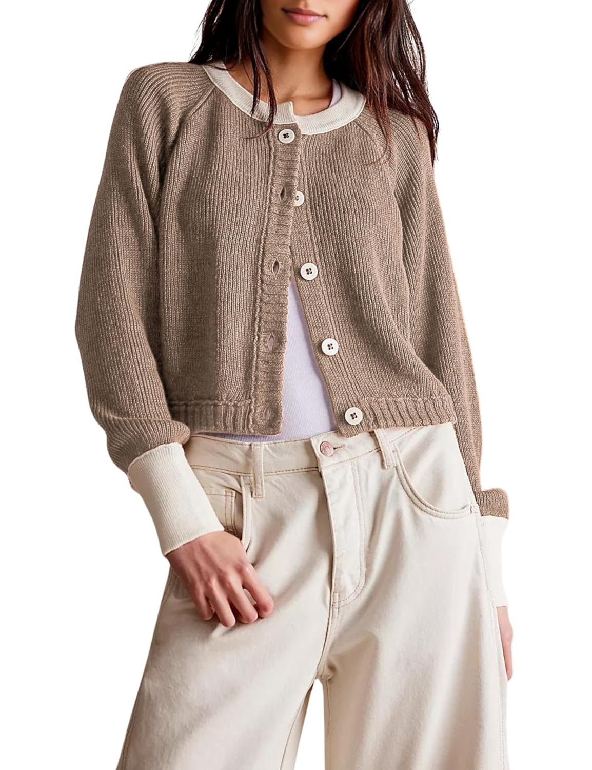 PUWEI Womens Color Block Cardigan Sweaters Button-Up Long Sleeve Cropped Knited Jacket Casual Round Neck Trendy Tops