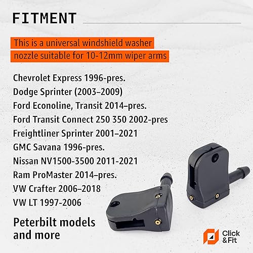 Vista 25 de Click&Fit Boquillas para limpiaparabrisas compatibles con Ford Transit, Freightliner, Dodge Sprinter, VW Crafter, Peterbilt; pulverizadores