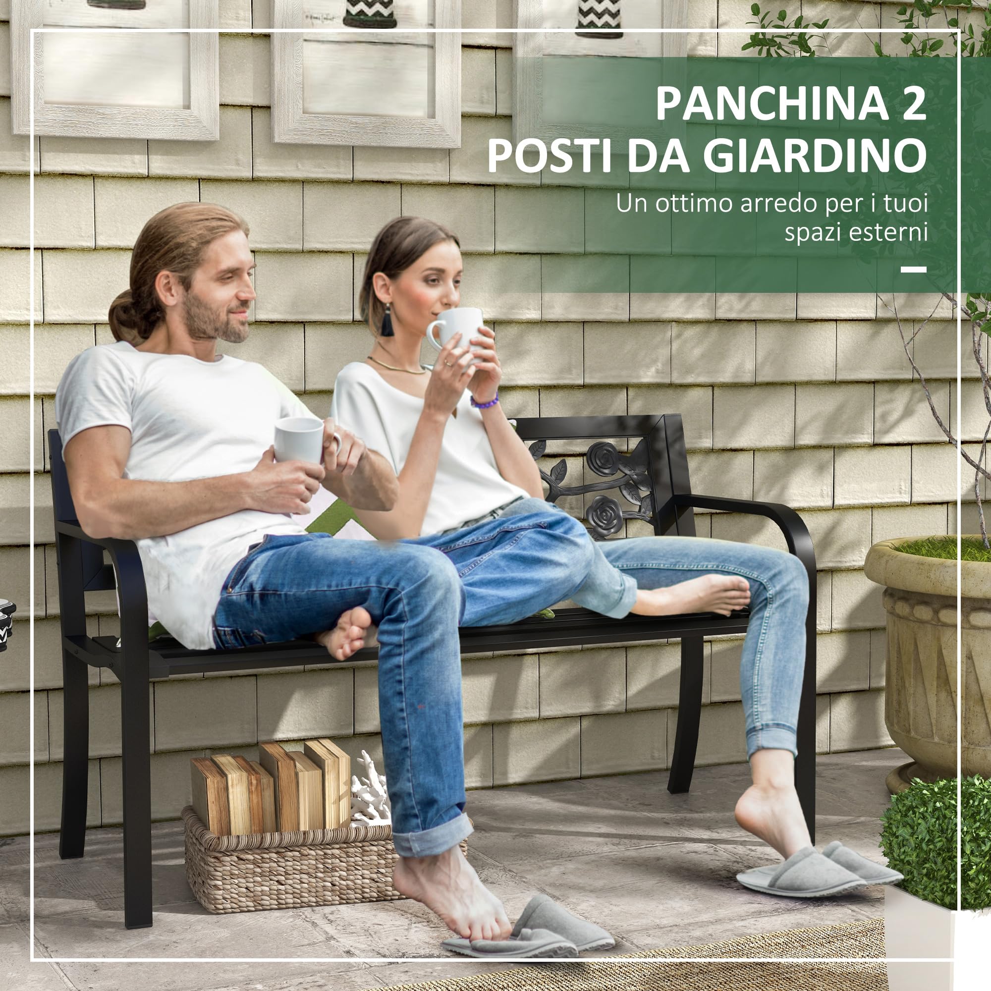 Outsunny 50" Banco Exterior de Metal, Banco 2 plazas Negro | Respaldo con patrón floral, reposabrazos curvo, invernadero, piscina, cubierta, jardín